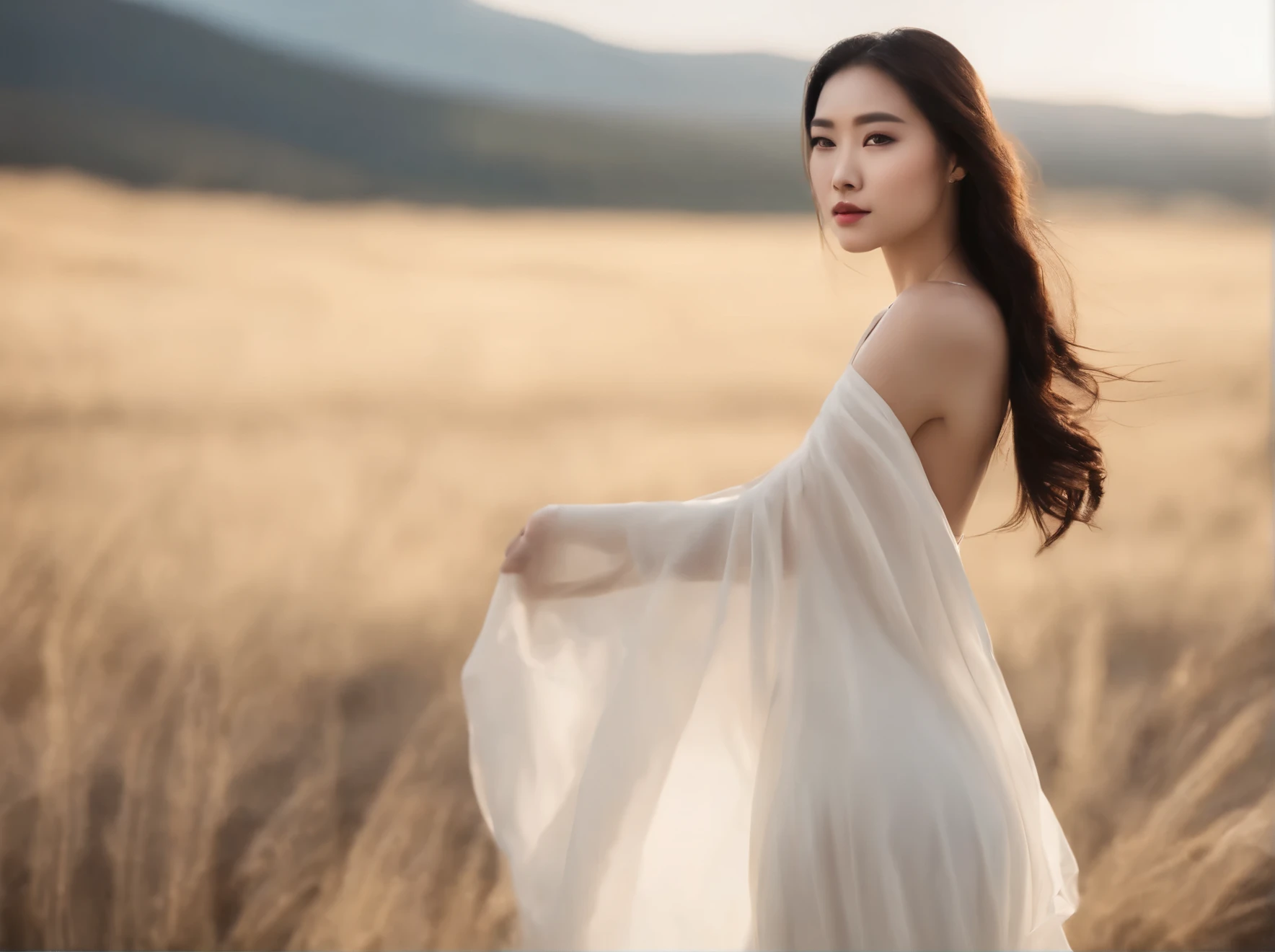 Chinese beautiful woman in modern white soft tight fitting dress, flowing black hair, soft eyes, standing. Overlooking vast land and a beautiful scene. The scene is rendered in a hyper-realistic style., With meticulousness in every detail, The lighting is amazing., The sun cast long shadows across the landscape and illuminated the faces of the woman., The color palette is rich and vibrant., The overall atmosphere is serene., cause a feeling of peace. upper body portrait