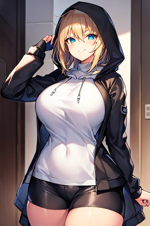 1girl, hood, jacket, hooded jacket, hood on, hood up, blonde hair, large breasts, thick thighs, wide hips, hourglass figure, breasts, white shirt, black shirt, very short hair, pants, black pants, smile, toned, toned female, mature female, tall, tall female