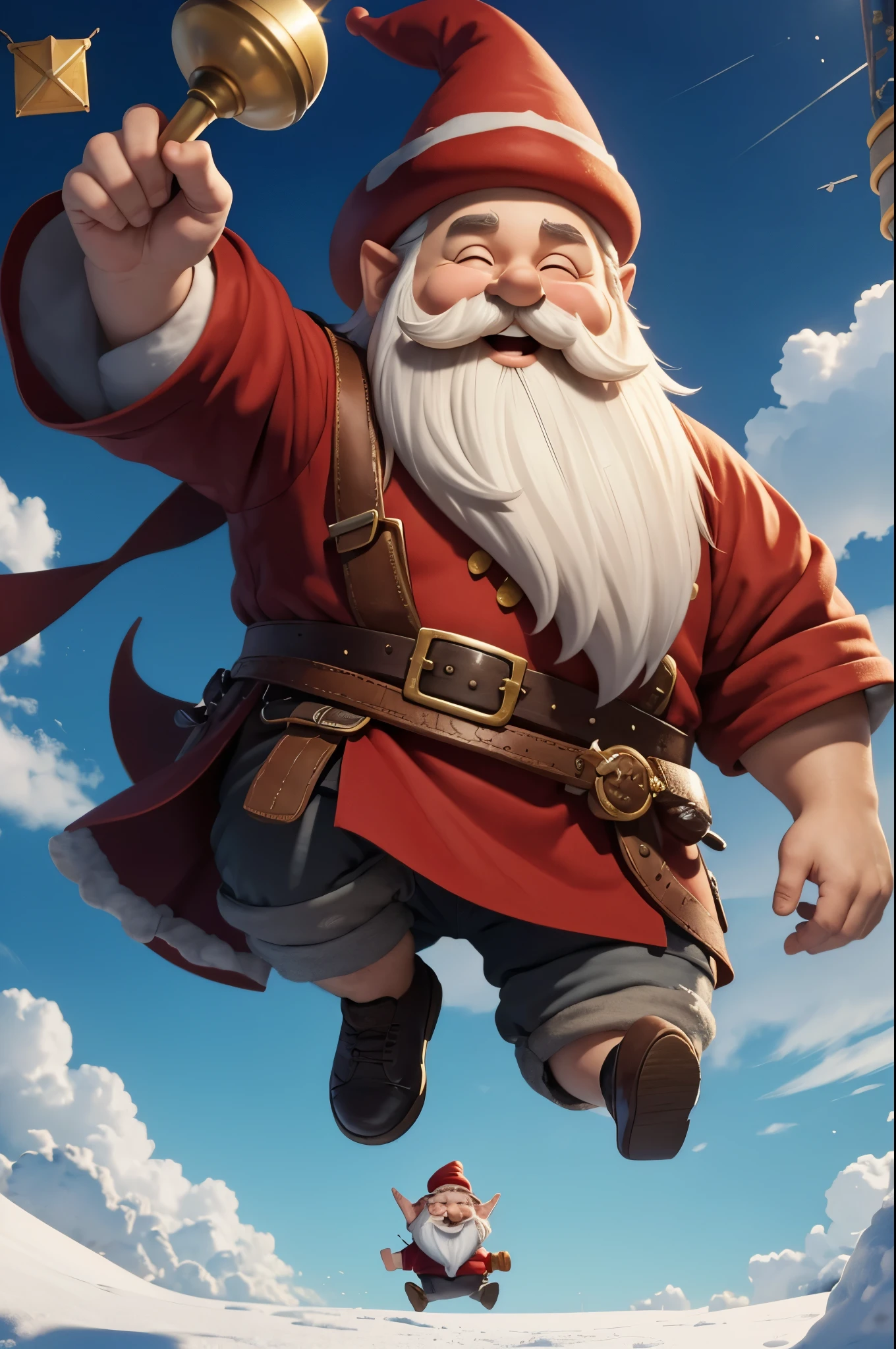 (master piece), 8k, best quality, book illustration, gnome, 40 centimeters tall, chubby, full white beard and a big mustache, red pointy hat, smiling, jumping for joy, happy.