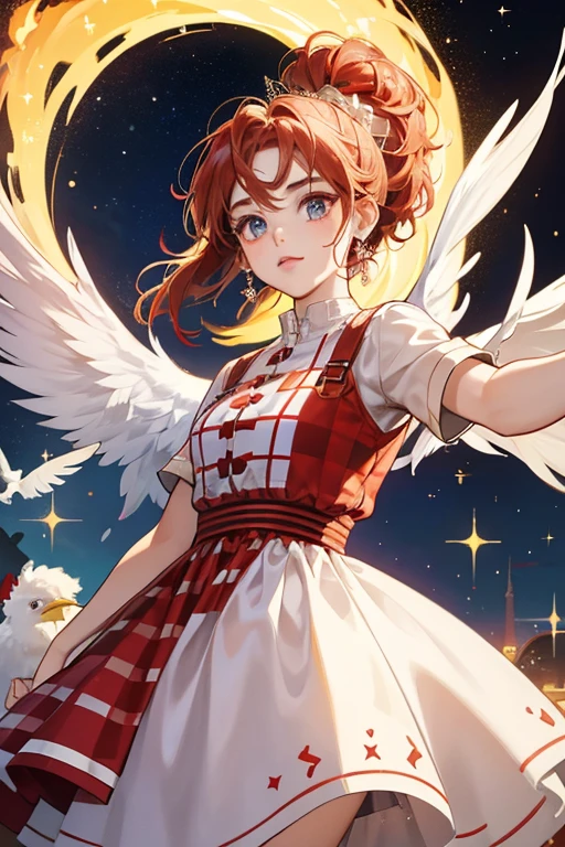 Ava is a white chicken with a red comb and brown wings, possibly referencing an Isa Brown chicken. Ava has big eyes and a country look to her. She initially wears the checkerboard tee, which was changed to the checkered jumper dress in New Horizons. SPARKLE; GLITTER