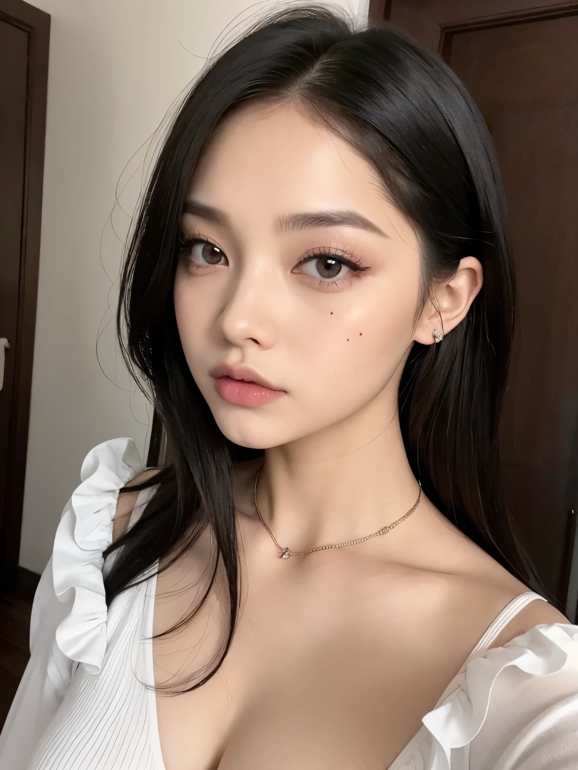 Kim Jennie con el cabello negro oscuro, con rulos en las puntas del cabello negro oscuro, con un ganchito de estrella en el cabello negro oscuro, ojos de color claro, ojos bonitos, ojos llorosos, nariz bonita y respingada, labios bonitos, labios rosas, heart and cupid shaped lip, piel bonita, pale, piel blanca, con lunares y pecas en todo el rostro, rubor rosa suave en las mejilla, rubor rosa natural, dark and gothic makeup, Jennie gotica, mientras ella esta con un chico lindo a su lado, with a cute asian boy standing next to her, mientras hay un torso de hombre, mientras el hombre'His hand is on his jaw.., manos bonitas de hombre, with a gothic boy, cuellos bonito, cuello marcado, frown, mirada enojada, con un collar de beso, un collar bonito de beso, mientras sus pezones son notorios (pechos grandes, pechos suaves, pechos bonitos, pechos naturales), con un vestido blanco, vestido corto y transparente, visible on the nipple, con un chico a su lado, con su novio, mirando a la camara, autofoto