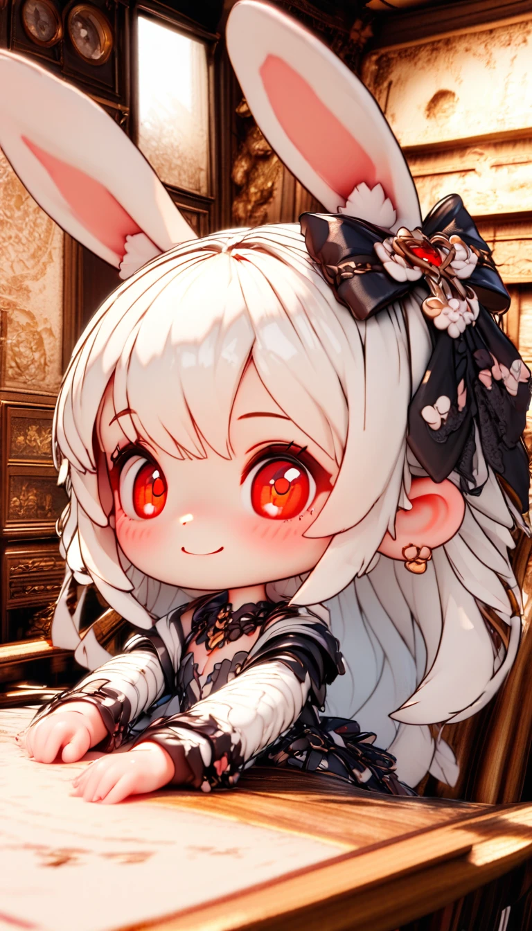 (3D),solo,#1 girl(3D:2.0,Chibi,cute,kawaii,white hair:1.4,long,hair,rabbit ear:1.6,white dress,red eyes,big eyes,skin color white,big black hairbow,she is smiling at you very soft,sitting on a chair with arm rest),gothic background,indoor,(3D),