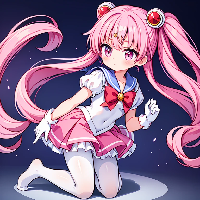 sailor moon，little loli，pink hair，white gloves，red skirt，no shoes，white pantyhose，Kneel down