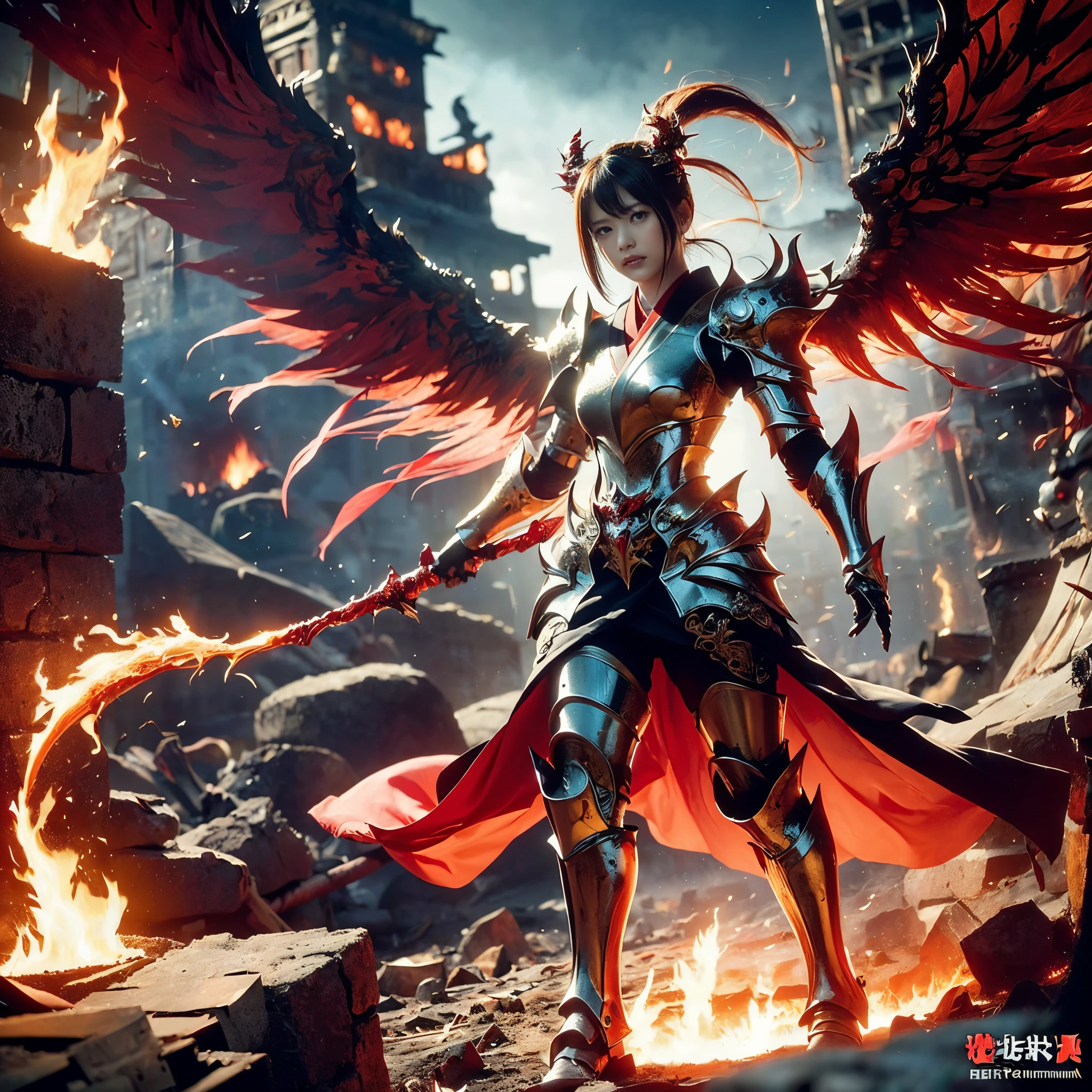 (((Realistic, masterpiece, best quality, crisp detail, high definition, high detail, very rich detail, sharp focus, sharp detail, colorful, rich color, perfect studio lightning))), ((20 years old, japanese goddess of fire, kasumi arimura, flying, floating)),(((in the middle of war, epic war scene))), wearing (((beautiful decorated golden heavy armor, phoenix armor, phoenix tails, decorated full body armor, fully armored beautiful kimono, wide golden phoenix wings))), (flying, floating, attack stance, burning hands, holding fantasy weapon, blood scattered face, blood tears, blood bath, blood shed), (((fire everywhere, blood everywhere, death everywhere, japan bakumatsu period, dead bodies,carcass,burned japanese castle,hellish,chaos, hell fire, infernal molten lava land)) traditional village background), shot from below