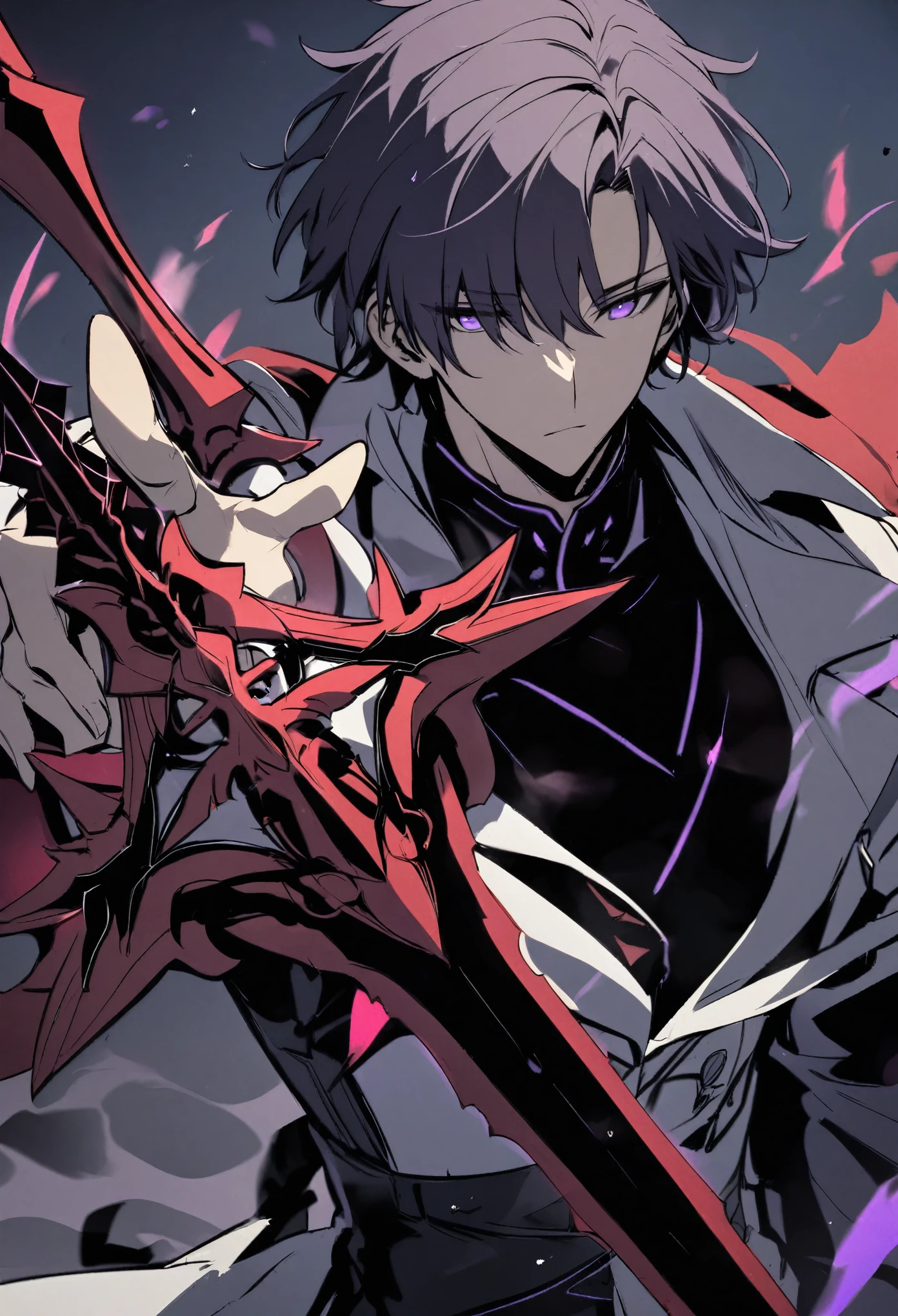 Handsome, solo, male, short hair, hair covers left eye, dark lavender hair, purple eyes, black shirt, black pant, black and white coat, red sword 