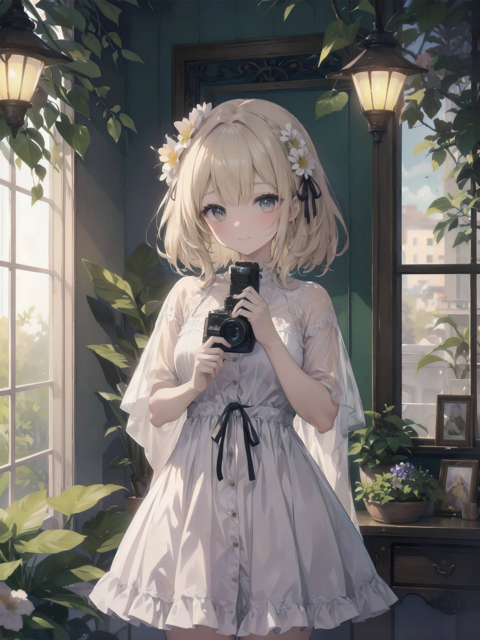 1 garota, elegant floral dress, (orelhas de gato fofas), cabelo branco curto, cativante e gracioso, (olhos detalhados realistas, textura natural da pele, Sorriso gentil), lush garden scenery, Flores desabrochando, banco de ferro ornamentado, detalhes intrincados, soft, dreamy lighting, paleta de cores pastel, profundidade superficial de campo, bokeh da luz do sol salpicado pela folhagem, altamente detalhado, hiper-realista, medium format film camera, fundo naturalmente desfocado,