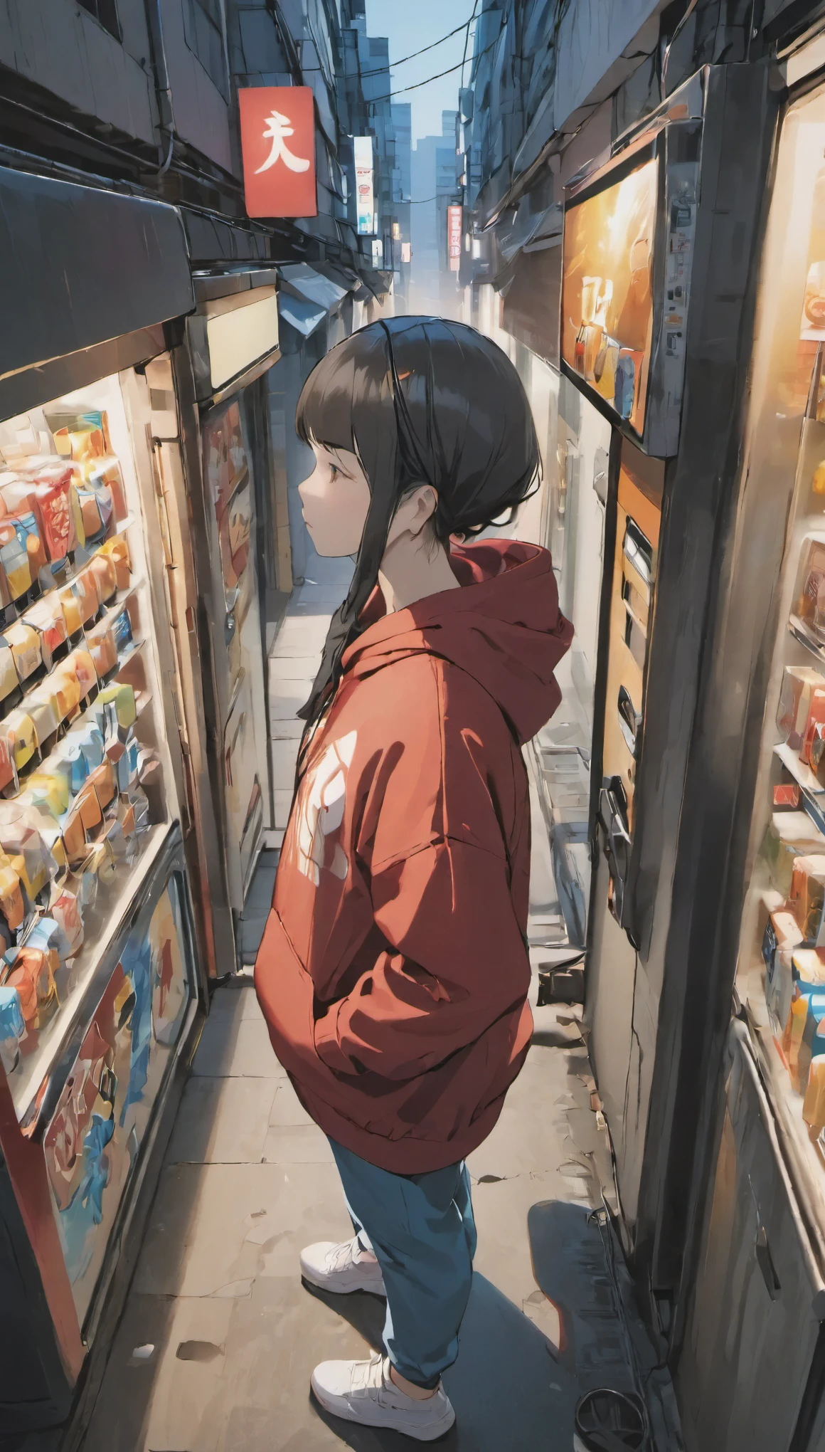 Shibuya Ward, back alley, vending machine on the background, wearing a hoodie on his head, From above, (8K, Raw photo, highest quality, table top:1.2), A girl in her 20s with headphones around her neck