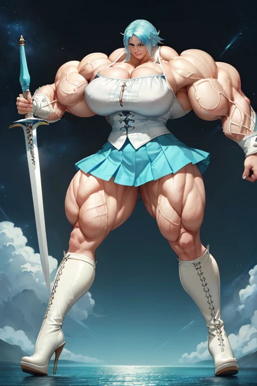 ((((Massive, tall, beautiful, buff, muscular pale white skinned woman with cyan hair, ginormous bulky muscles, holding a giant Zweihander and wearing a white half buttoned down blouse with pleated skirt)))), close view, vascular, massive muscle, massive biceps, hyper muscle shoulders, hyper muscle triceps, (short hair), purple eyes, (white high heel boots), smirk, white gauntlets, chained belt, (on a island in heaven), Vascular arms, hyper vascular arm, hyper muscles arms, hyper muscle legs, massive arms.