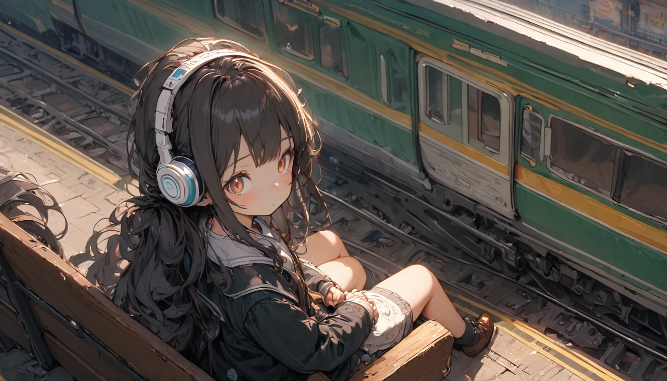 A girl in school uniform holds headphones in a bus seat, at night