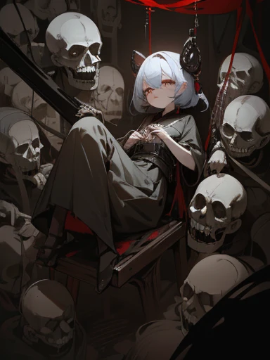 Anime 3D menina, Vista de corpo inteiro para pernas, RT por Cameron Gray Poster Épico, Girl-monster creature sits on a pile of bones and skulls watercolor painting, Estilo Jean-Baptiste Monge, brilhante, bonito na primavera, chapinhar, grandes olhos perfeitos, Rim lighting, luzes, Magic, fantasia, Arte Digital, WLOP, Artgerm e James Jean, misterioso