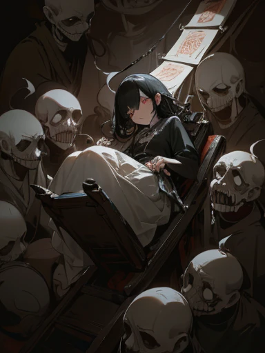 (masterpiece), (High resolution), (super delicate), (masterpiece: 1.2, highest quality), ((woman restrained by torture device)), scribble, nightmare, doll-like face, cartoon style, rough sketch, Comic style illustration, (Horror elements), Japanese painting, That's horrible, (Creepy), Japanese carving,old picture scroll style, old staging, Ancient mural style, crazy illustration, dark atmosphere, flat illustration, Creepyな外観, distinctive hairstyle, creative accessories, unique atmosphere、Gloomy look、surrounded by white demons