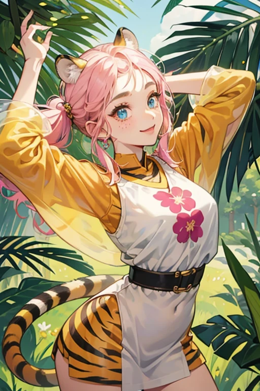 Bangle is a brown tiger with yellow markings on her head, arms, legs, and tail. She has rather large eyes with four dotted freckles on her face and her ears are a bright pink, matching the inside of her mouth. She has a very happy face like most peppy villagers. In Animal Forest, she has some blue eye makeup and half-closed eyes, similar to Sally's. She initially wears a pop bloom shirt. In New Horizons she wears a tropical muumuu. SPARKLE; GLITTER