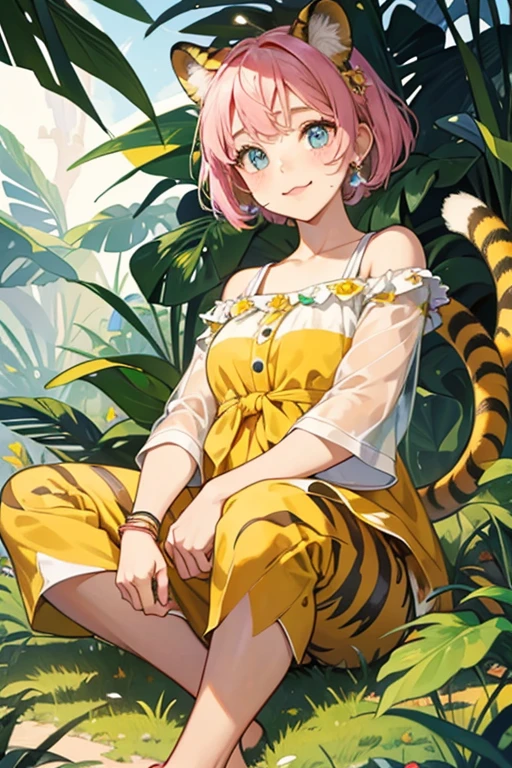 Bangle is a brown tiger with yellow markings on her head, arms, legs, and tail. She has rather large eyes with four dotted freckles on her face and her ears are a bright pink, matching the inside of her mouth. She has a very happy face like most peppy villagers. In Animal Forest, she has some blue eye makeup and half-closed eyes, similar to Sally's. She initially wears a pop bloom shirt. In New Horizons she wears a tropical muumuu. SPARKLE; GLITTER