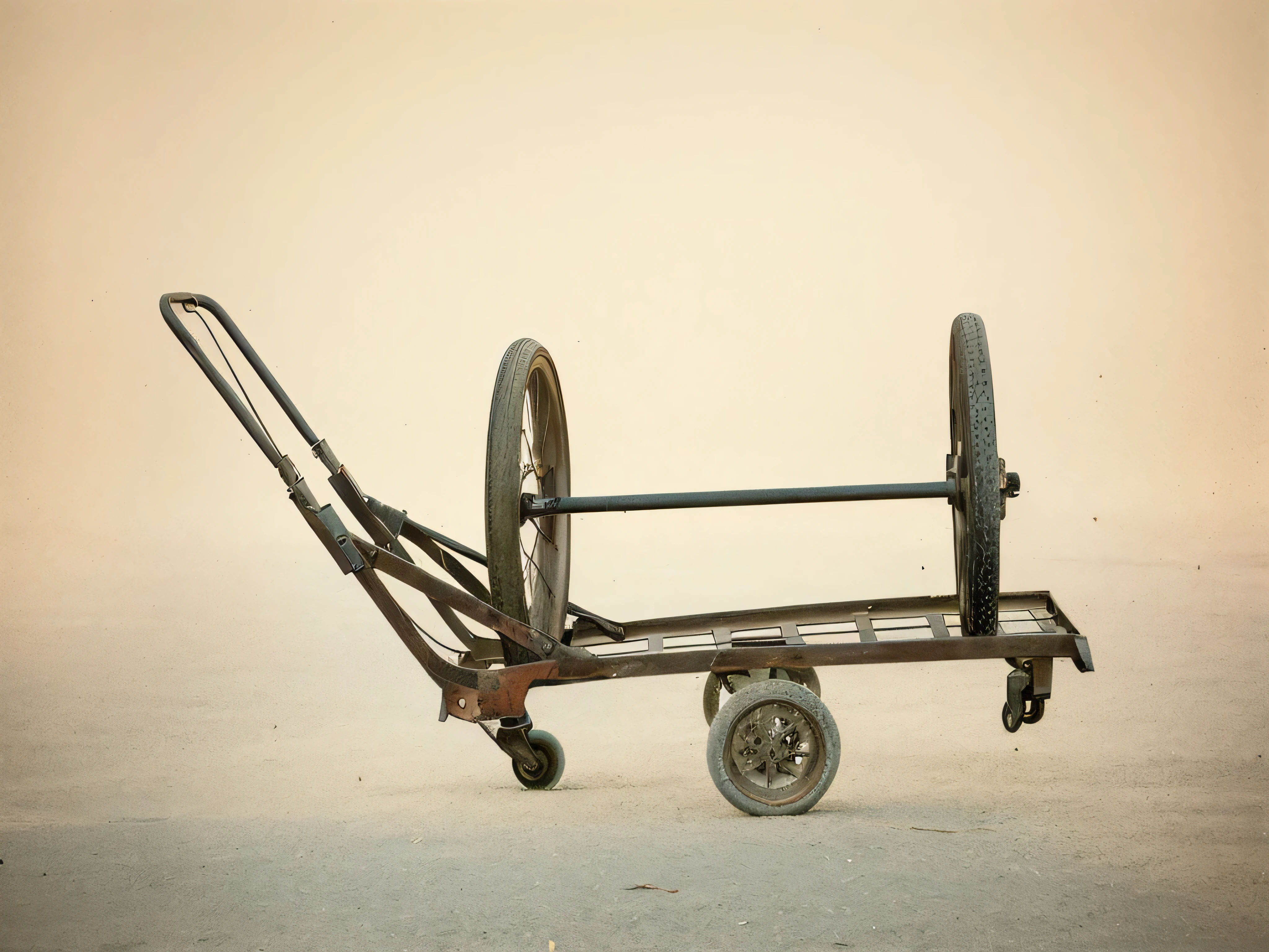 abandoned cart,(Trolley on the ground:1.5),there is a small cart with wheel attached to it, mine cart, chariot, cart, a photo of a rusty, cart wheel, Museum quality photos, Inspired by Zhang Kechun, antique, Dusty old iron type, author:Artur Tarnovsky, ( ( photo ) ), transportation, author:Kurt Rosch, Archival pigment printing, wheel, Alexandra Formina