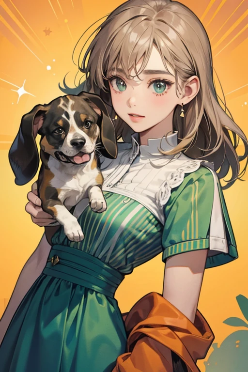 Bea is a brown dog with dark ears and a muddy-looking mouth. Her nose is grey with a little white spot. Bea has very dark, shy, droopy eyes. They are black in the GameCube games, but appear to be very dark green in Welcome amiibo, Pocket Camp, and New Horizons. She wears a go-go shirt, which was changed to an orange striped maxi dress in New Horizons. Her Welcome amiibo RV blurb states that she is a beagle. She slightly resembles Maddie. SPARKLE; GLITTER