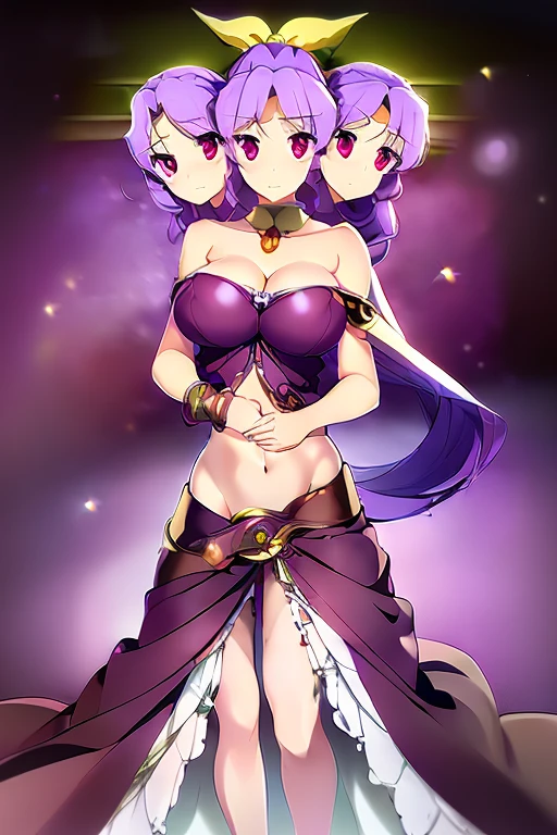 (masterpiece, best quality), best quality, (ultra-detailed), (3heads:1.5), 1girl, (watatsuki no yorihime:1.3), masterpiece, best quality, ultra quality, ultra resolution, ultra detail, dark red top, crop top, ((stomach)), midriff, ((groin)), dark red skirt, normal ears, shackles, Light purple hair tied into a ponytail, very long hair, wavy hair, sidelocks, purple eyes, parted lips, sweat, cute, open belly, toned belly, hand on own chest, eyelashes, (24 year old woman:1.3), (masterpiece:1.5), (best quality:1.5), (beautiful detailed), extremely detailed CG, extremely delicate and beautiful, depth of field, (finely detailed face), (perfect details:1.2), ( female:1.3), wide pelvis, slender, large veiny breastresolution, highres, very high quality, very high definition, extremely detailed, masterpiece, Light purple hair tied into a ponytail, long hair, alluring presence, braid, short skirt, close up, big tits, yote bonnet, red bow, midriff, nsfw,