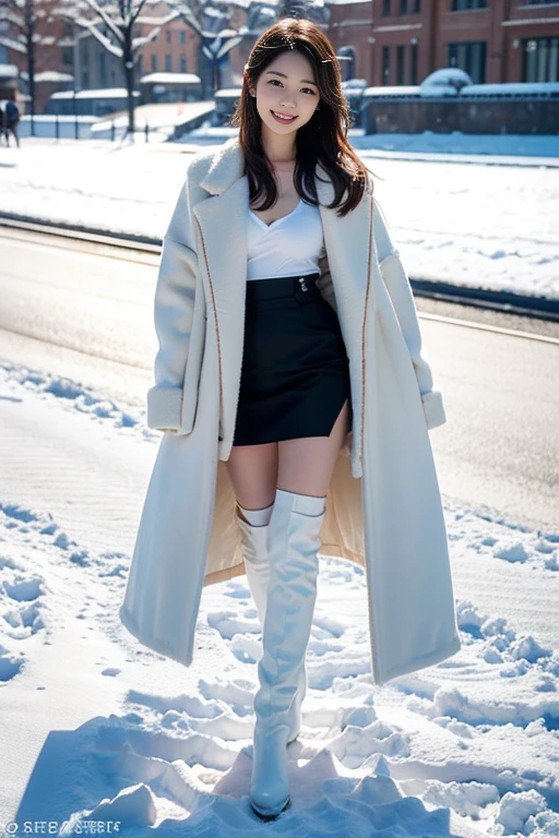 The cutest girl working as a gravure idol is in the snow.、Has shiny brown hair、she is naked,black stockings, and long white boots, Make her look alluring.。She smiled confidently..、Face the camera in a professional pose.。Her fashion and expression、The perfect balance between cute and elegant.、It draws viewers in and doesn't.'Don't let go..。pass this scene.、Fully express her charm.