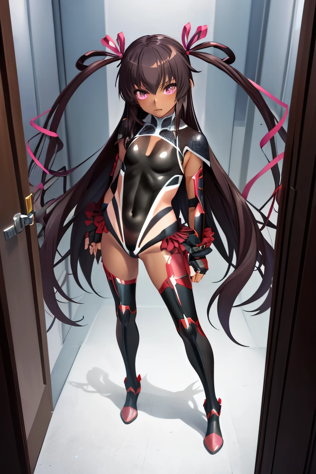 Mizuki Yukikaze, flat tits,skinny,hair ribbon, black leotard, Taimanin suit, one piece tan, Standing in honor,elbow bag, fingerless gloves, ruffle leotard, thigh boots,pov,pink room,