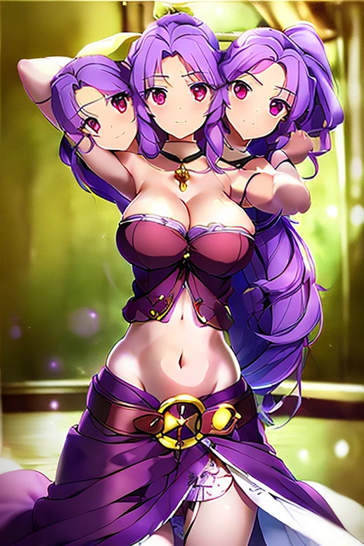 (masterpiece, best quality), best quality, (ultra-detailed), (3heads:1.5), 1girl, (watatsuki no yorihime:1.3), masterpiece, best quality, ultra quality, ultra resolution, ultra detail, dark red top, crop top, ((stomach)), midriff, ((groin)), dark red skirt, normal ears, shackles, Light purple hair tied into a ponytail, very long hair, wavy hair, sidelocks, purple eyes, parted lips, sweat, cute, open belly, toned belly, hand on own chest, eyelashes, (24 year old woman:1.3), (masterpiece:1.5), (best quality:1.5), (beautiful detailed), extremely detailed CG, extremely delicate and beautiful, depth of field, (finely detailed face), (perfect details:1.2), (mature female:1.3), wide pelvis, slender, large veiny breast, 16k resolution, highres, very high quality, very high definition, extremely detailed, masterpiece, Light purple hair tied into a ponytail, long hair, alluring presence, braid, short skirt, close up, big tits, young, white bonnet, red bow, midriff, nsfw, 