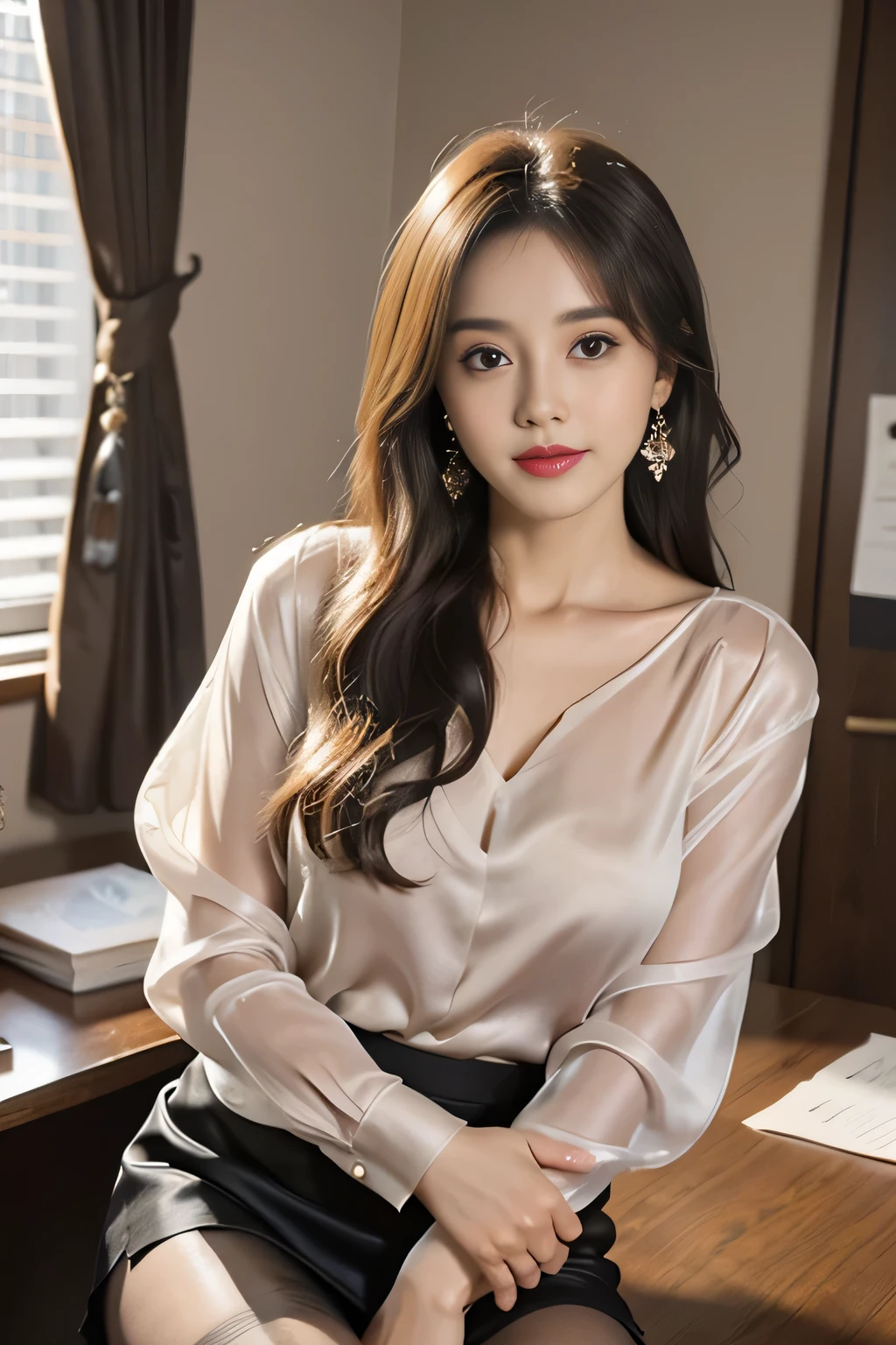 Ulchan-6500-v1.1, (Raw photo:1.2), (Photoreal), (See-through:1.3), (genuine:1.4), 1with a girl、25 years old、game_nffsw, big eyes(eye), smile of shame、brown semi-long hair、curly hair、pretty girl、(Elegant silk blouse:1.3), (super realistic pantyhose:1.2), (mini skirt:1.2), sitting in the office and working at the desk、realistic skin texture、shiny skin、big earrings、thin lips