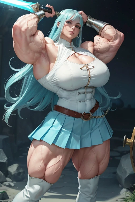 ((((Massive, tall, beautiful, buff, muscular pale white skinned woman with cyan hair, ginormous bulky muscles, holding a giant Zweihander and wearing a white half buttoned down blouse with pleated skirt)))), close view, vascular, massive muscle, massive biceps, hyper muscle shoulders, hyper muscle triceps, (short hair), purple eyes, (white high heel boots), smirk, white gauntlets, chained belt, (on a island in heaven), Vascular arms, hyper vascular arm, hyper muscles arms, hyper muscle legs, massive arms.