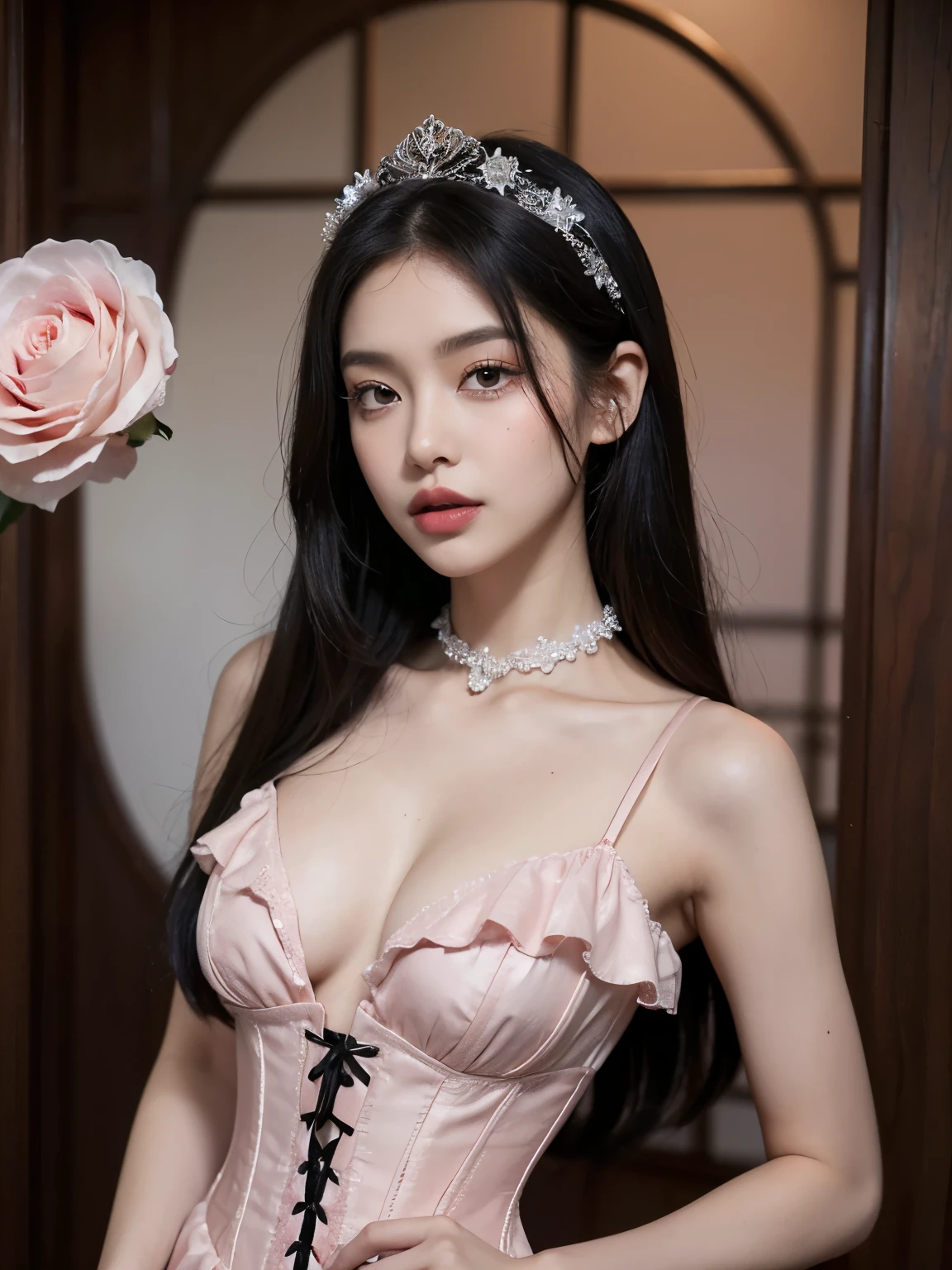 Kim Jennie con el cabello negro oscuro, con rulos en las puntas del cabello negro oscuro, con un ganchito de estrella en el cabello negro oscuro, ojos de color claro, ojos bonitos, nariz bonita y respingada, labios bonitos, labios rosas, heart and cupid shaped lip, piel bonita, piel blanca, con lunares y pecas en todo el rostro, rubor rosa suave en las mejilla, rubor rosa natural, dark and gothic makeup, Jennie gotica, cuello bonito, noticeable collarbones, mirada enojada, con un collar, un collar bonito de beso, mientras tiene un Corset rosa, Corset rosa bonito, vestido con un Corset rosa, mientras muestra sus pechos desnudos, mientras tiene los pezones con dos corazones de papel rosa, tiene los pezonnes con corazones de papel rosa (pechos grandes, pechos suaves, pechos bonitos, pechos naturaleirando a la camara, autofoto