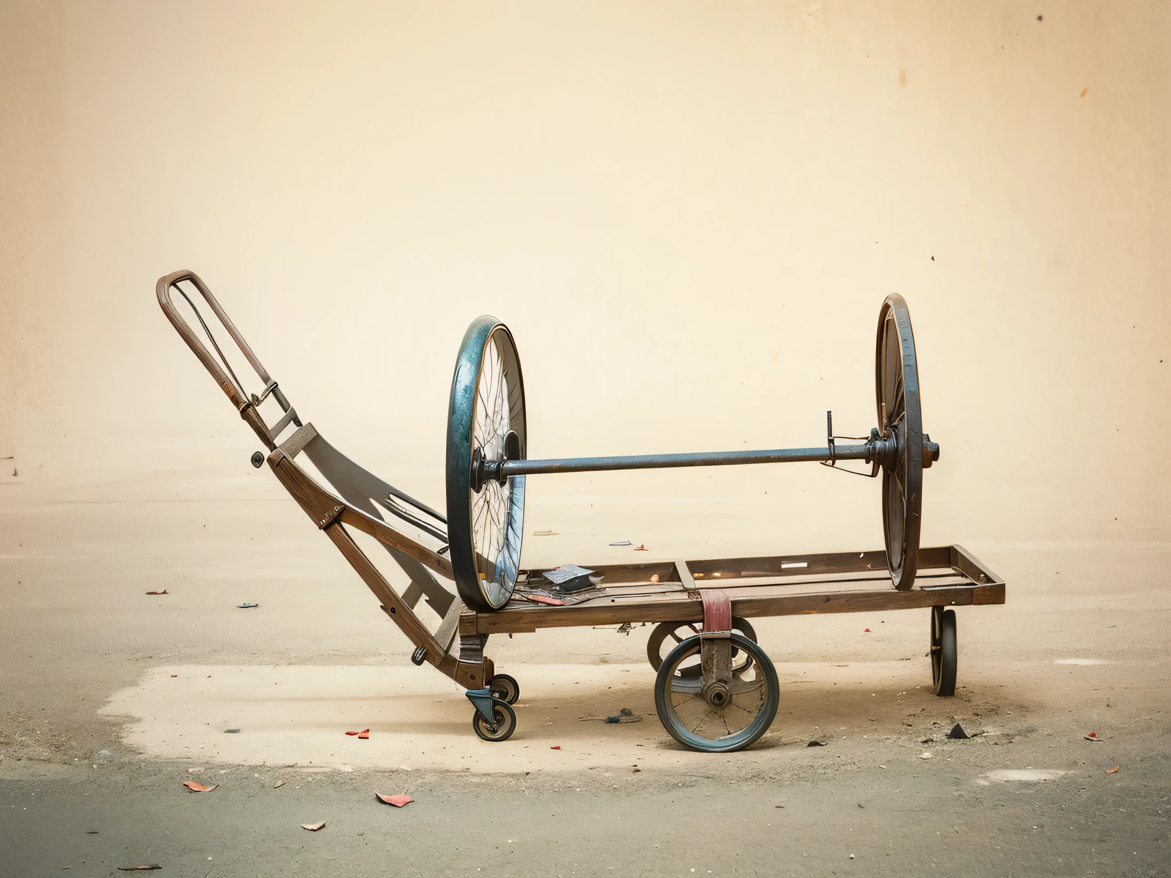 abandoned cart,(Trolley on the ground:1.5),there is a small cart with wheel attached to it, mine cart, chariot, cart, a photo of a rusty, cart wheel, Museum quality photos, Inspired by Zhang Kechun, antique, Dusty old iron type, author:Artur Tarnovsky, ( ( photo ) ), transportation, author:Kurt Rosch, Archival pigment printing, wheel, Alexandra Formina