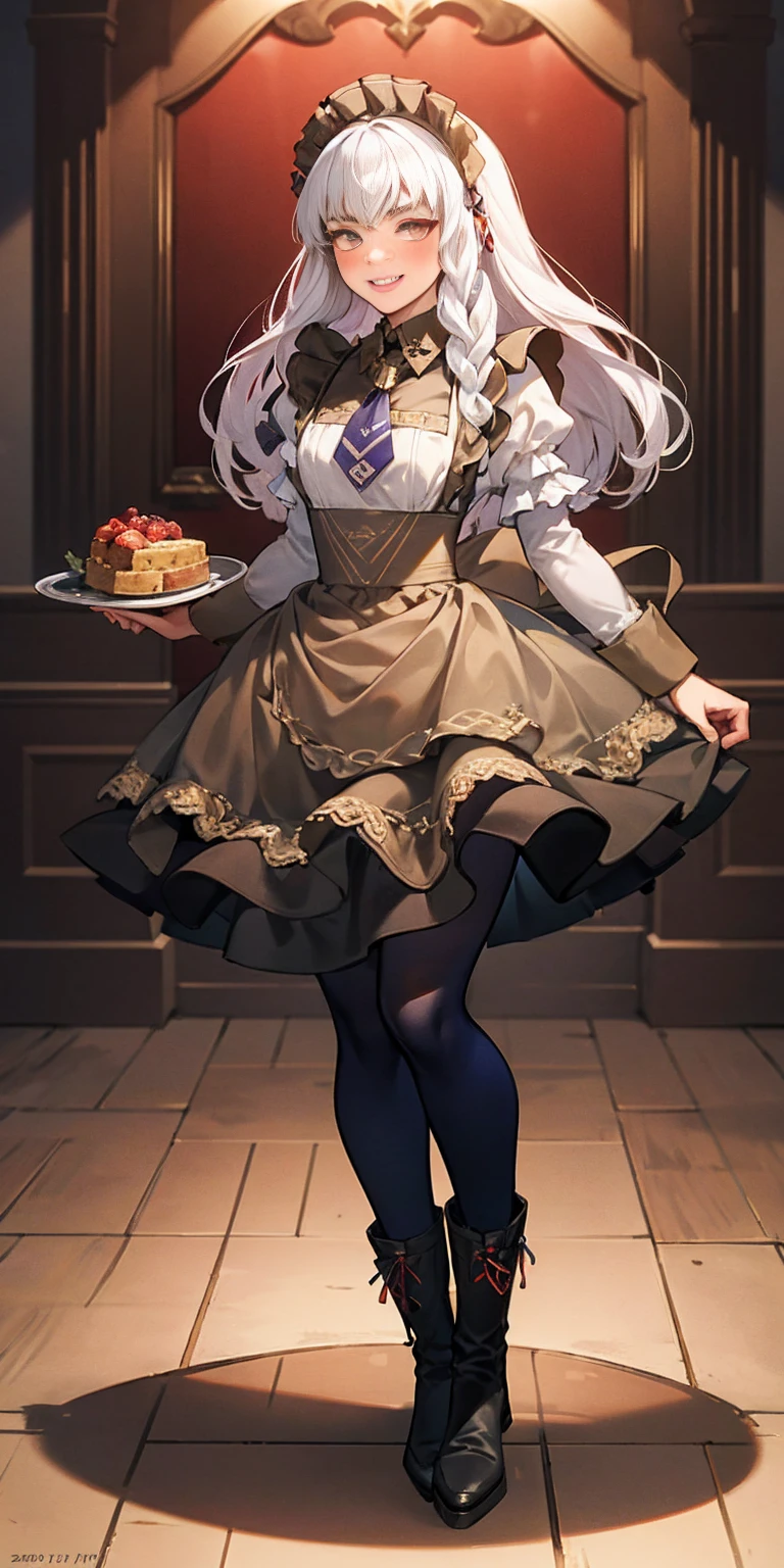 full body standing straight symmetrical, lustful smirking smile face red blush red cheeks, looking at viewer, holding tray, braid, maid headdress, maid, dress, apron, long sleeves, brown pantyhose, long leather militar boots, thighs, long white hair, masterpice