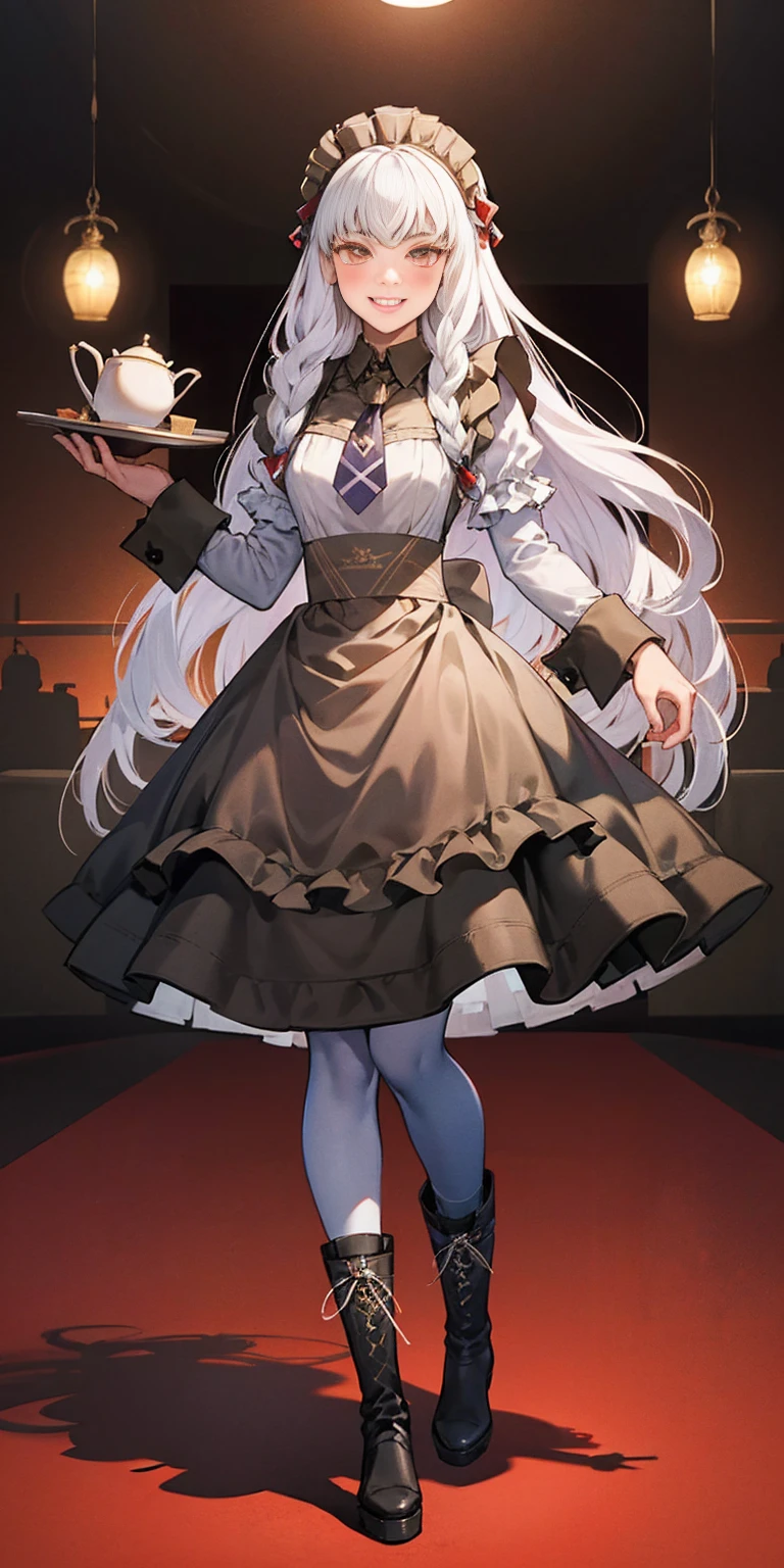 full body standing straight symmetrical, lustful smirking smile face red blush red cheeks, looking at viewer, holding tray, braid, maid headdress, maid, dress, apron, long sleeves, brown pantyhose, long leather militar boots, thighs, long white hair, masterpice