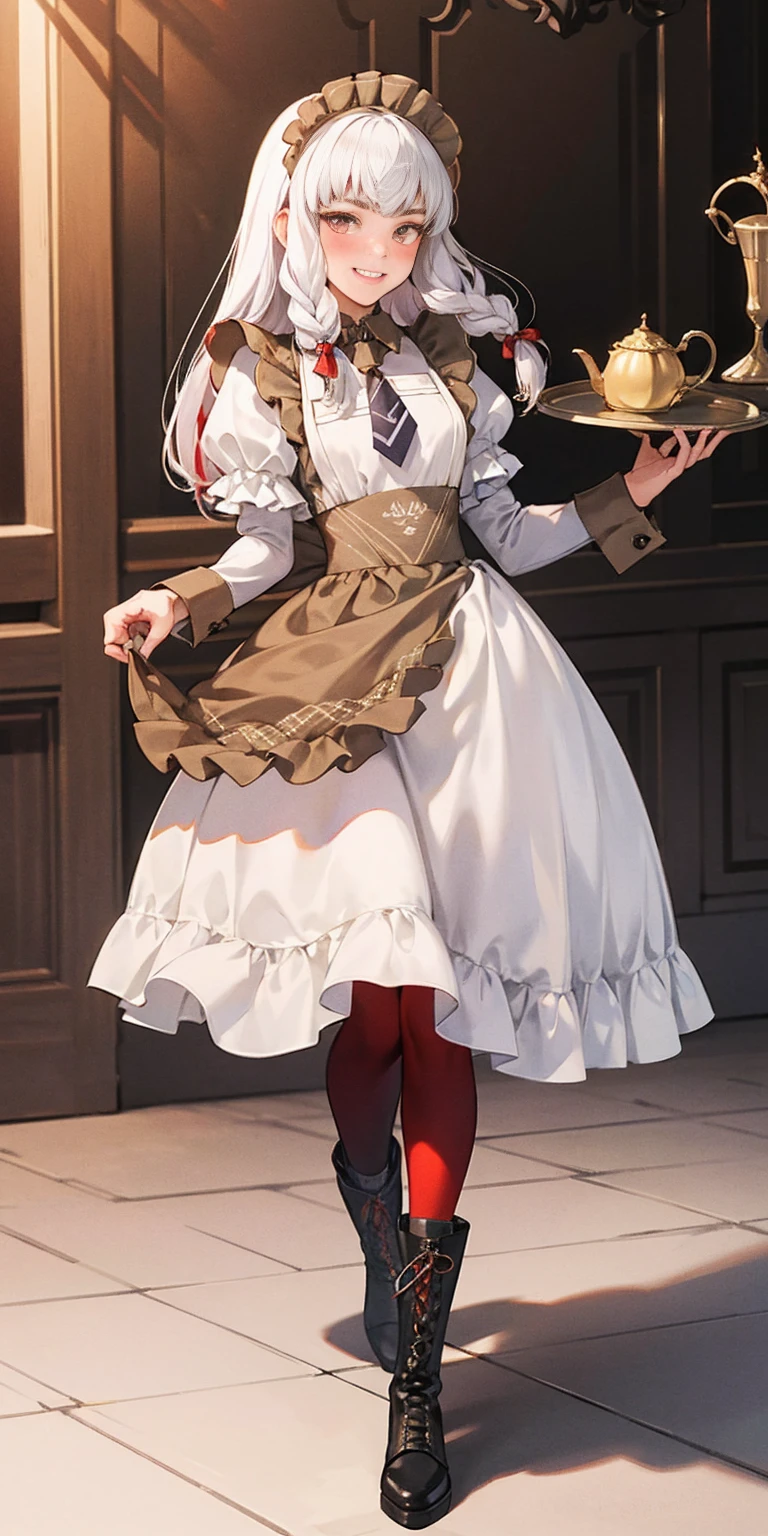 full body standing straight symmetrical, lustful smirking smile face red blush red cheeks, looking at viewer, holding tray, braid, maid headdress, maid, dress, apron, long sleeves, brown pantyhose, long leather militar boots, thighs, long white hair, masterpice