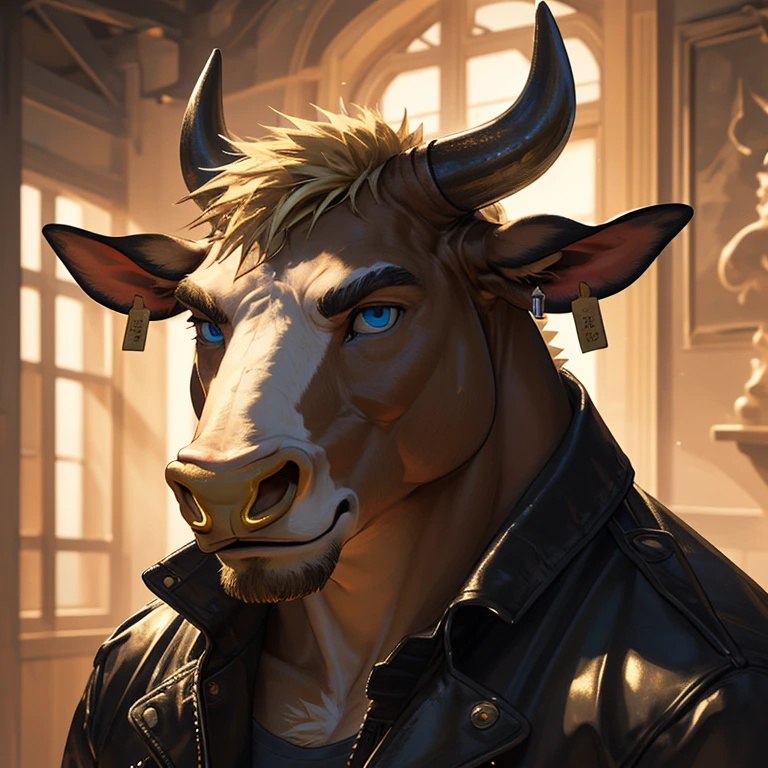 Headshot, handsome male, cow, two pointy horns, gold nose ring, cattle ear tag, heavy muscular build, light brown short messy fringe, ((best quality)), ((masterpiece)), (detailed), perfect face, blonde fur, blue eyes, good eyes, leather jacket, mischievous, realistic, warm lighting