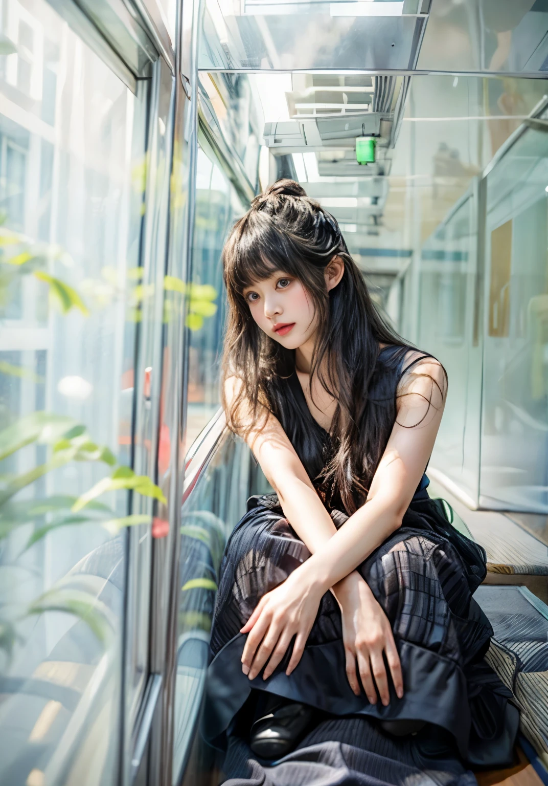 masterpiece、highest quality、cinema、(cute japanese woman、bangs:1.3)、23 years old、1 girl、elegant、black hair、sit、black dress
