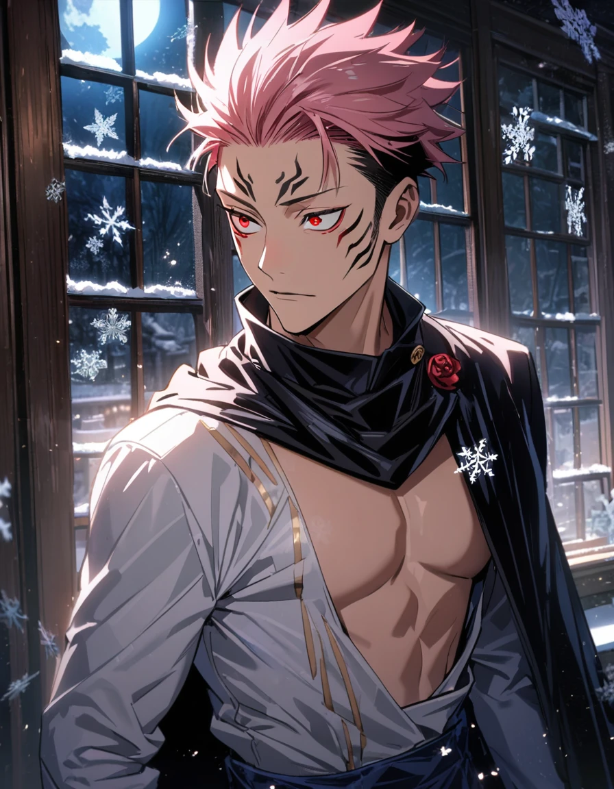 4k, very detailed, hd, Ryomen Sukuna, pink hair, red eyes, black cape, bare chest, window, snowflakes, black prince cool clothes, handsome, 1 man only, moonlight, Jujutsu Kaisen,