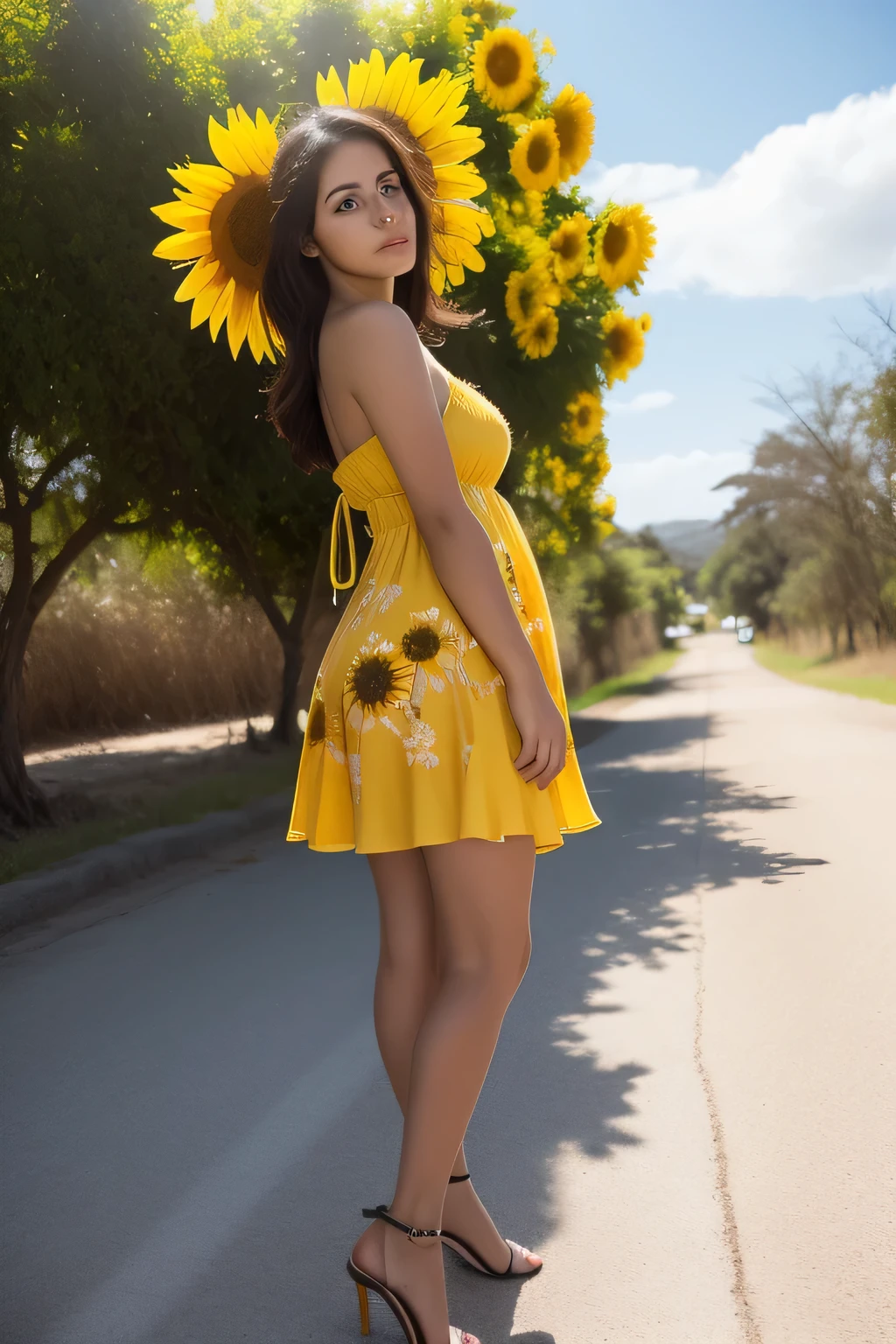 Mujer araffe con un vestido amarillo con estampado de girasoles y tacones altos de pie en un camino de tierra, 30 year old Cuban woman., she is about 3 0 years old, she is about 30 years old, usando un vestido amarillo, usando un vestido de verano, she is about 20 years old, she is about 2 0 years old