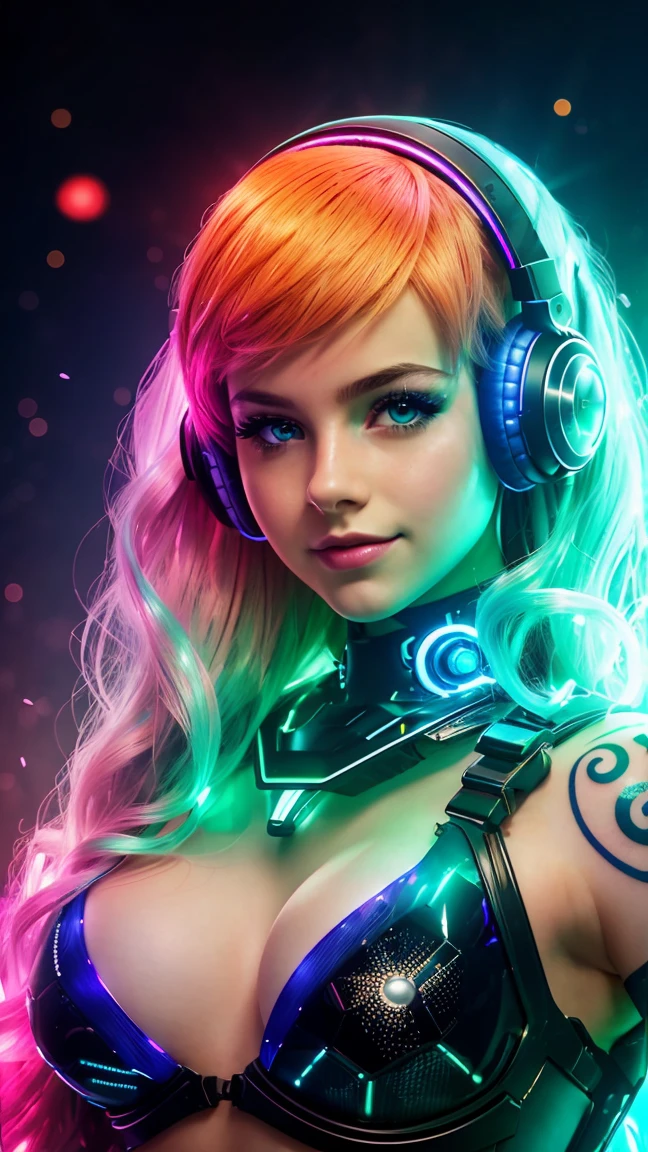 Beautiful android teen, AI teen, solo, adorable cute , mesmerising, expressive face, vr girl, ((green blue golden gradient detailed hair)), cyberpunk futuristic style, ((bright glassy brown eyes)), smoky eyes, pearly illuminated realistic skin, curvy body, medium cleavage, wet glossy reddish full lips, close up, medium shot, half body shot, HDR, Ultra High Definition, highest quality, absurdres, masterpiece, digital world, (black background), glittery, glowing light particles, focus on face, cybernetic head accessories, wireless futuristic head set, microphone,  high detail texture, contrast, wavy vibrant green blue orange colours hair, glowing, bare chest, bare shoulder, deep cleavage, light particle dust, colorful glowing orbs, rimlights, back retro-illuminated, alluring laugh, modern digital metal chocker, full boob, center frame, ((digital identity barcode tattooed on left boob)), juvenile, youthful, young, adorable, cutie, ((14yo)), enchanting laugh, ((totally naked))