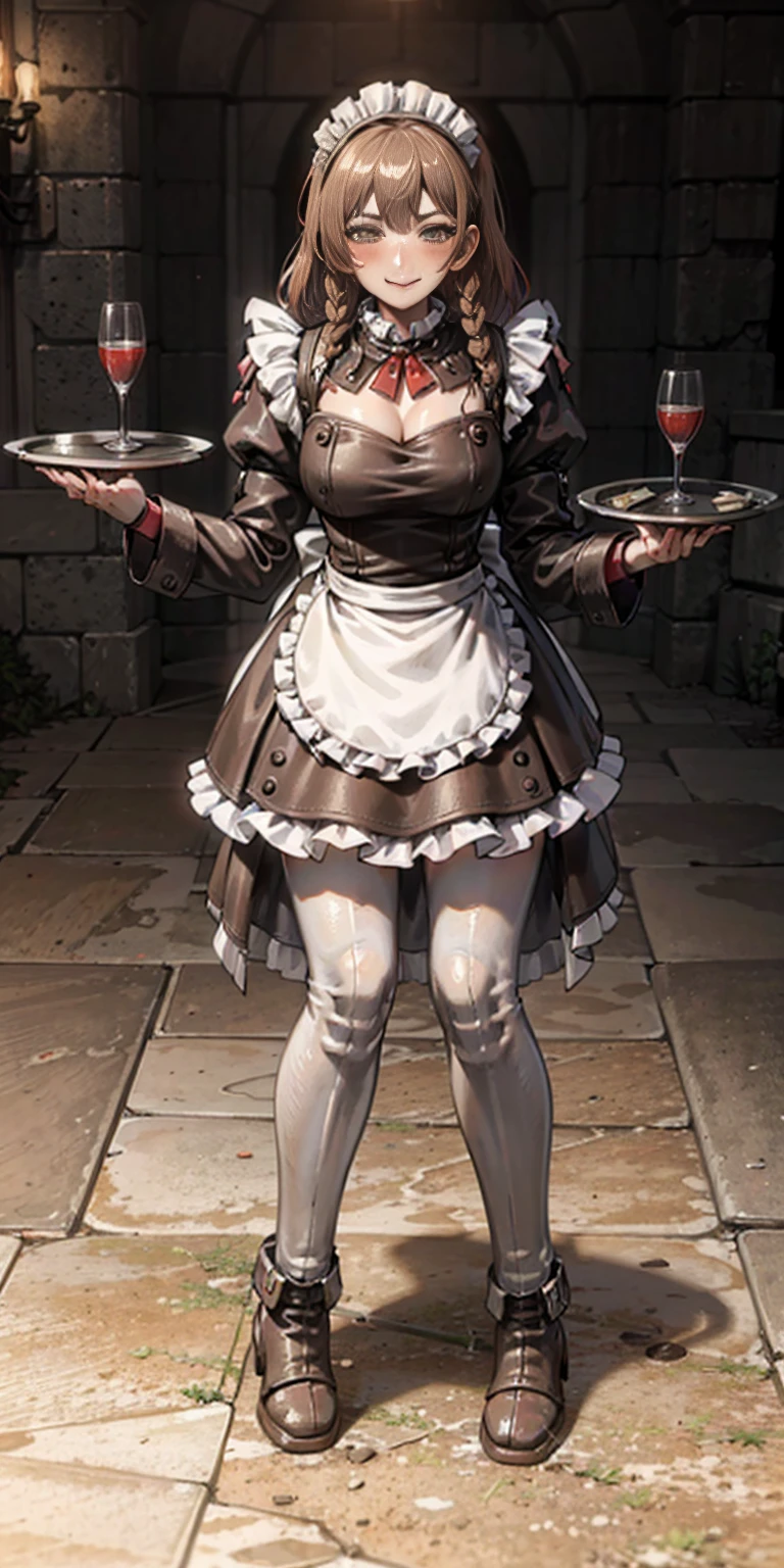 full body standing straight symmetrical, lustful smirking smile face red blush red cheeks, looking at viewer, holding tray, braid, maid headdress, maid, dress, apron, long sleeves, brown pantyhose, long leather militar boots, thighs, long white hair, masterpice