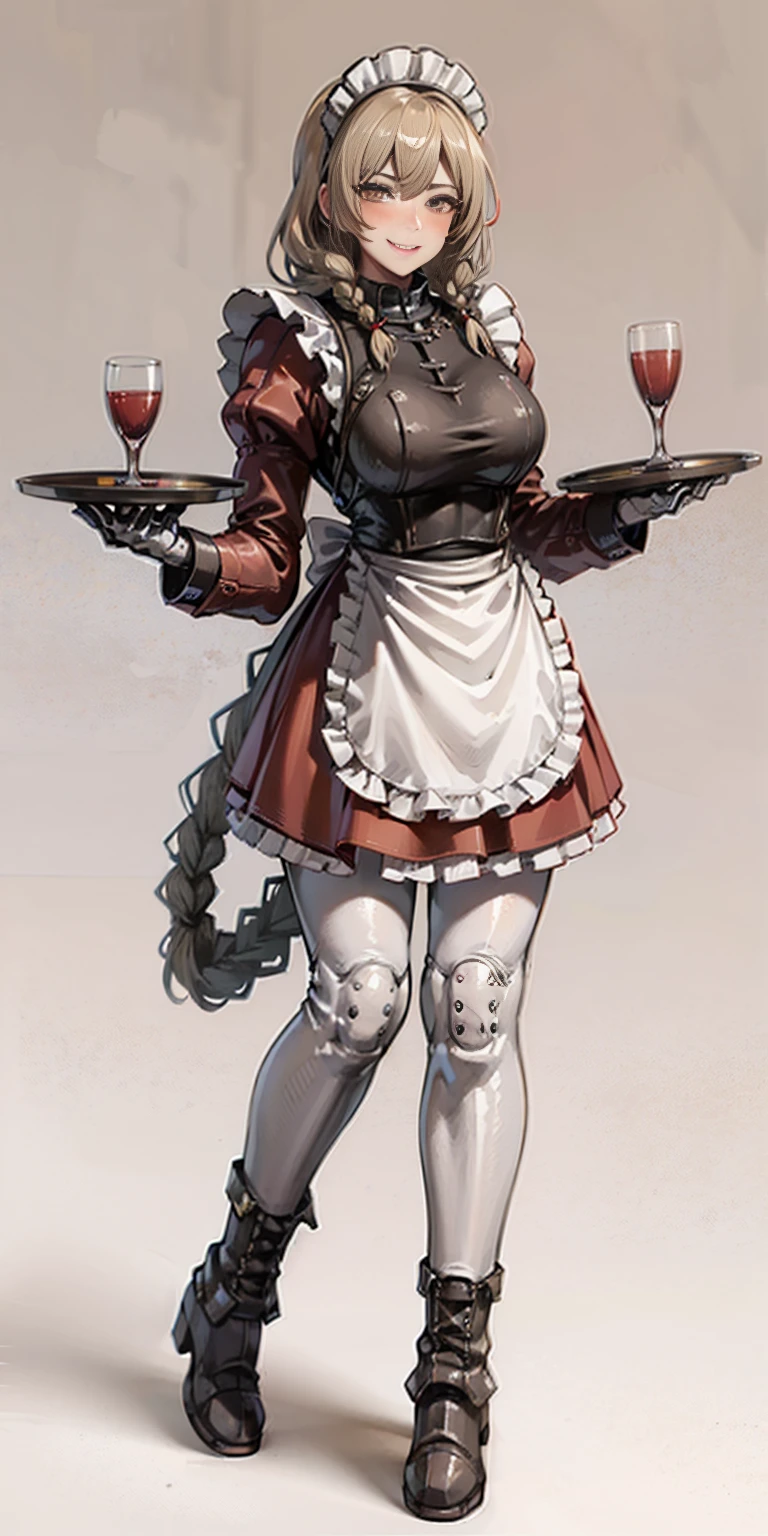 full body standing straight symmetrical, lustful smirking smile face red blush red cheeks, looking at viewer, holding tray, braid, maid headdress, maid, dress, apron, long sleeves, brown pantyhose, long leather militar boots, thighs, long white hair, masterpice