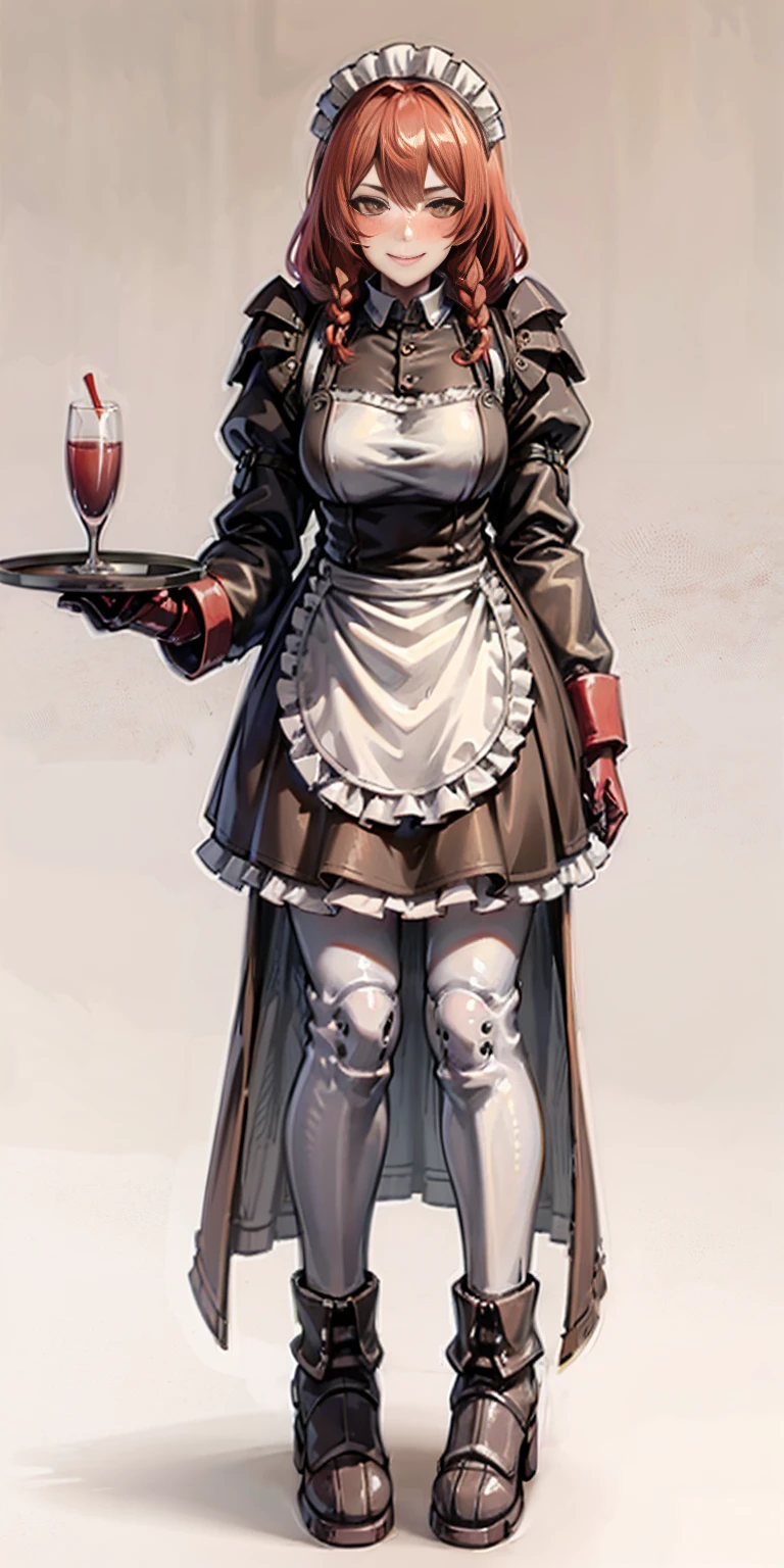 full body standing straight symmetrical, lustful smirking smile face red blush red cheeks, looking at viewer, holding tray, braid, maid headdress, maid, dress, apron, long sleeves, brown pantyhose, long leather militar boots, thighs, long white hair, masterpice