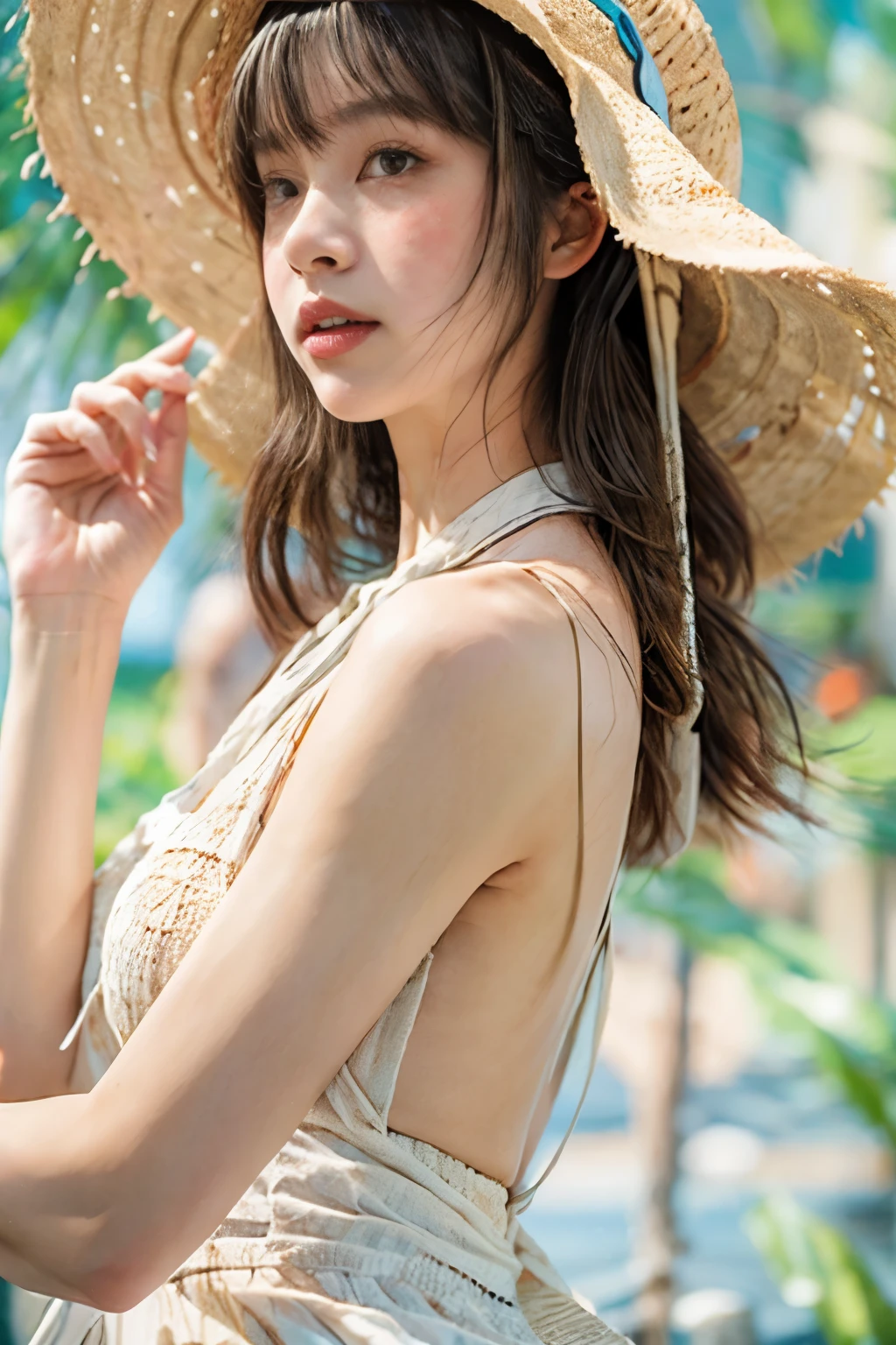 masterpiece、highest quality、cinema、(cute japanese woman、bangs:1.3)、23 years old、1 girl、elegant、black hair、tropical country、(straw hat、horizontal angle:1.5)