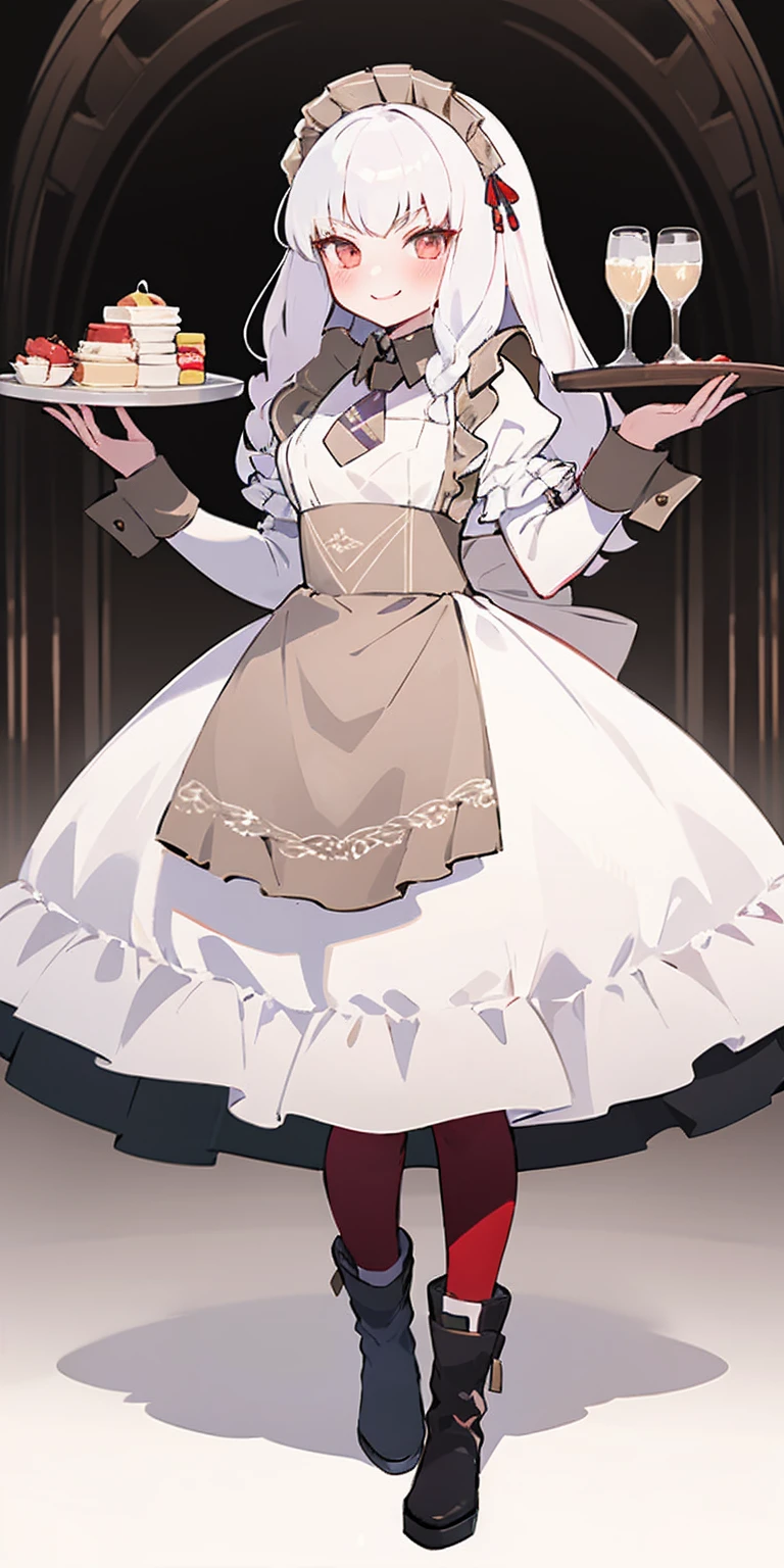 full body standing straight symmetrical, lustful smirking smile face red blush red cheeks, looking at viewer, holding tray, braid, maid headdress, maid, dress, apron, long sleeves, brown pantyhose, long leather militar boots, thighs, long white hair, masterpice