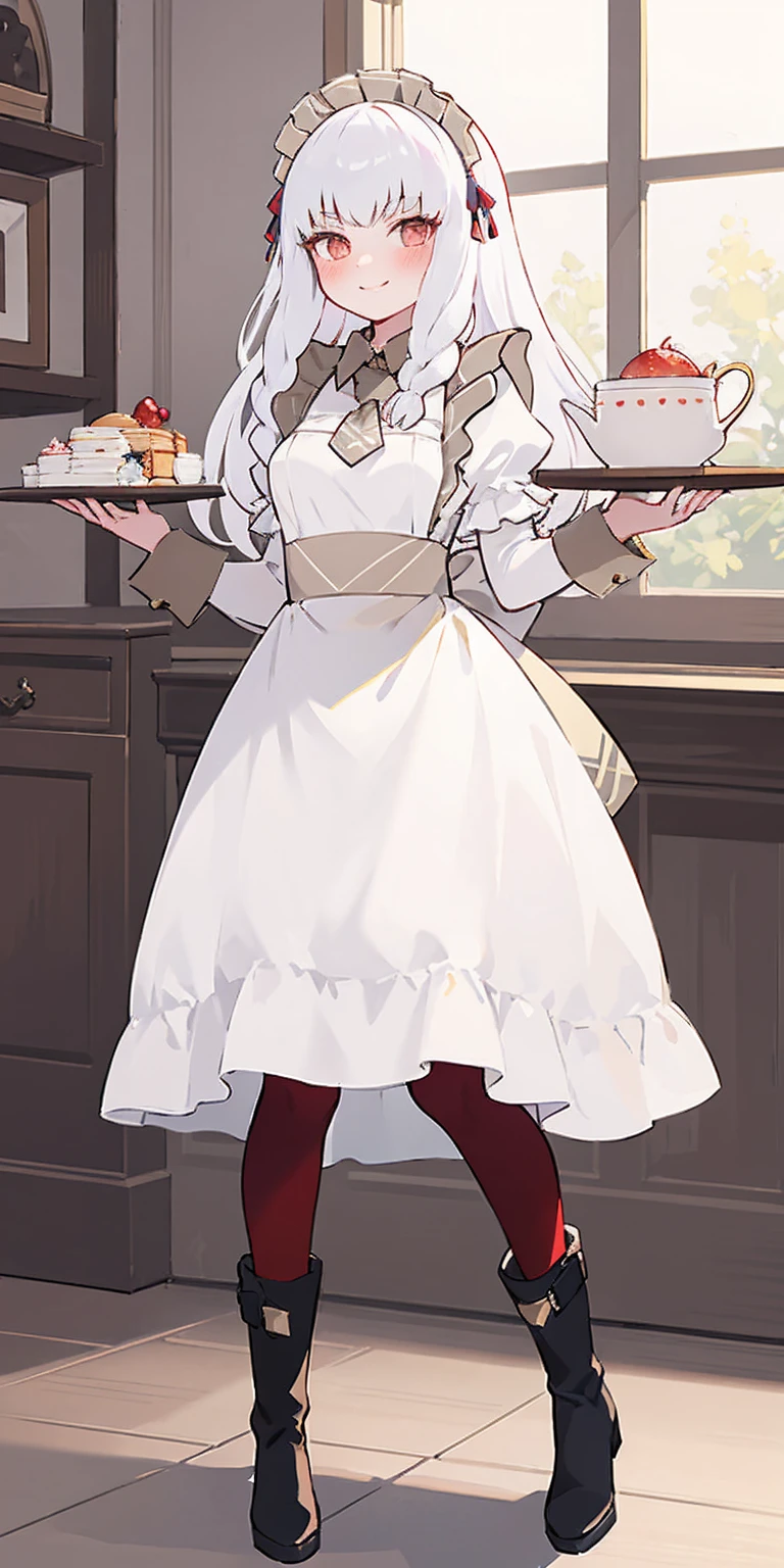 full body standing straight symmetrical, lustful smirking smile face red blush red cheeks, looking at viewer, holding tray, braid, maid headdress, maid, dress, apron, long sleeves, brown pantyhose, long leather militar boots, thighs, long white hair, masterpice