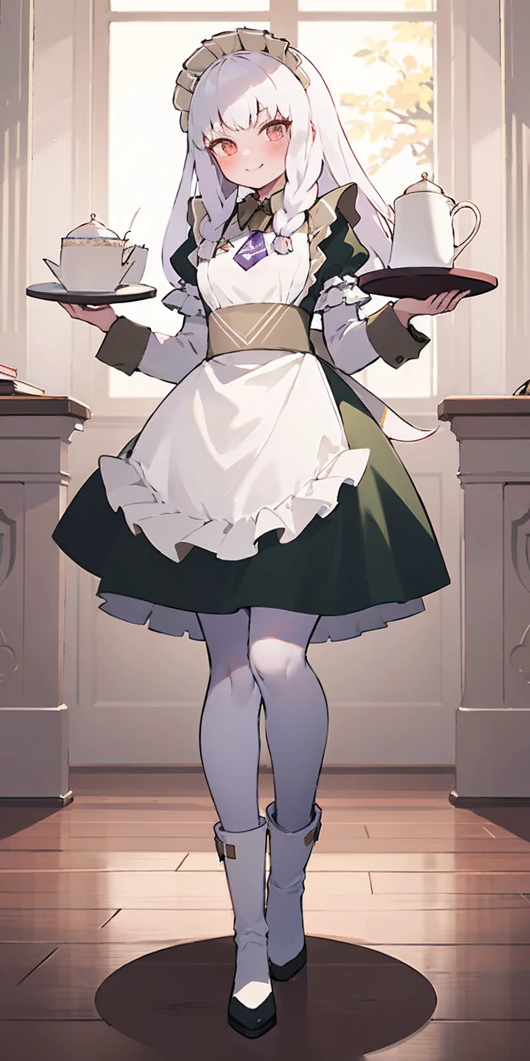 full body standing straight symmetrical, lustful smirking smile face red blush red cheeks, looking at viewer, holding tray, braid, maid headdress, maid, dress, apron, long sleeves, brown pantyhose, long leather militar boots, thighs, long white hair, masterpice