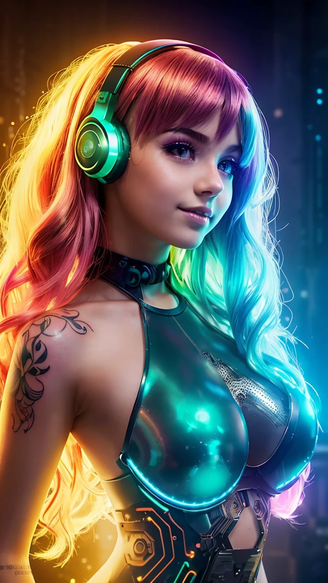 Beautiful android teen, AI teen, solo, adorable cute , mesmerising, expressive face, vr girl, ((green blue golden gradient detailed hair)), cyberpunk futuristic style, ((bright glassy brown eyes)), smoky eyes, pearly illuminated realistic skin, curvy body, medium cleavage, wet glossy reddish full lips, close up, medium shot, half body shot, HDR, Ultra High Definition, highest quality, absurdres, masterpiece, digital world, (black background), glittery, glowing light particles, focus on face, cybernetic head accessories, wireless futuristic head set, microphone,  high detail texture, contrast, wavy vibrant green blue orange colours hair, glowing, bare chest, bare shoulder, deep cleavage, light particle dust, colorful glowing orbs, rimlights, back retro-illuminated, alluring laugh, modern digital metal chocker, full boob, center frame, ((digital identity barcode tattooed on left boob)), juvenile, youthful, young, adorable, cutie, (()), enchanting laugh, ((totally naked))