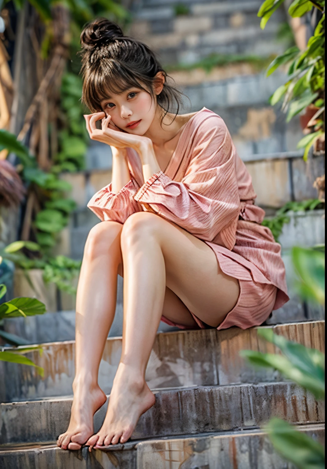 masterpiece、highest quality、cinema、(cute japanese woman、bangs:1.3)、23 years old、1 girl、elegant、black hair、tropical country、(sit on the stairs:1.2)