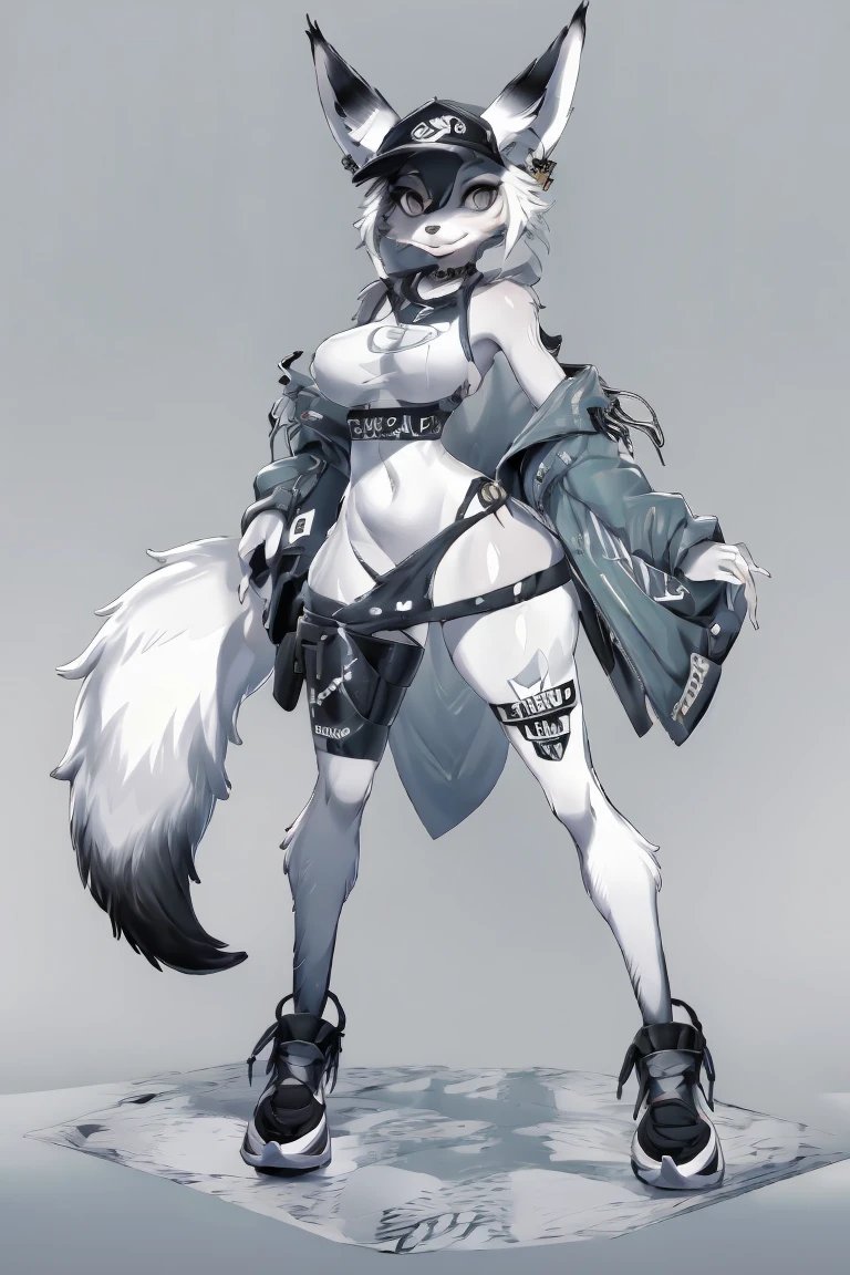 (hi res), ((Masterpiece)) , ((Best Quality)), character design, woman's, Fox, average breasts, full body, furry, modest, streetwear outfit,