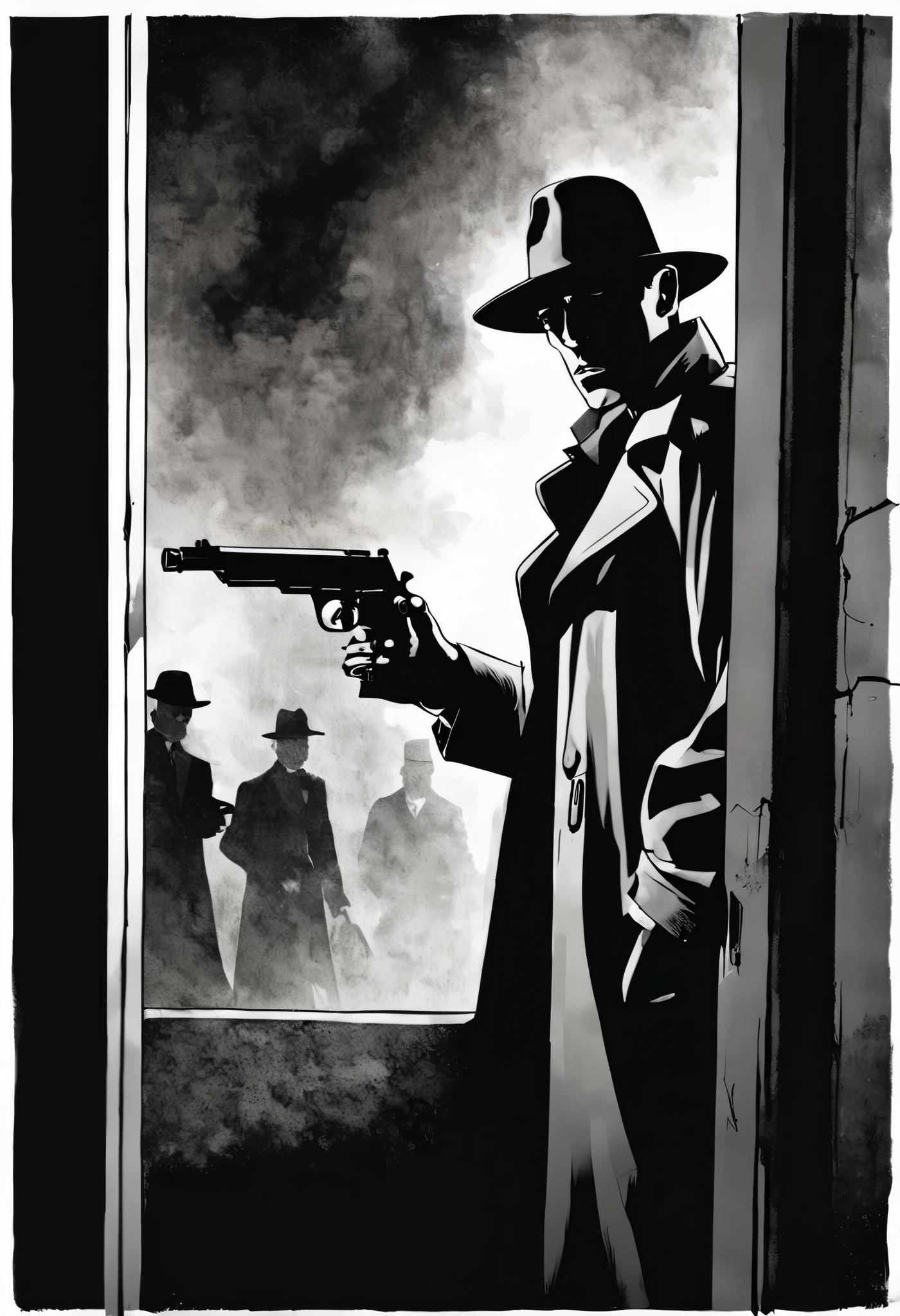 Film noir comic book cover with dramatic golden hour lighting, {(((secret agent in trench coat with fedora hat, face hidden in shadows hiding behind corner and peeking out holding silenced pistol))), mist, haze, fog in background}, black and white, high contrast, ink wash painting