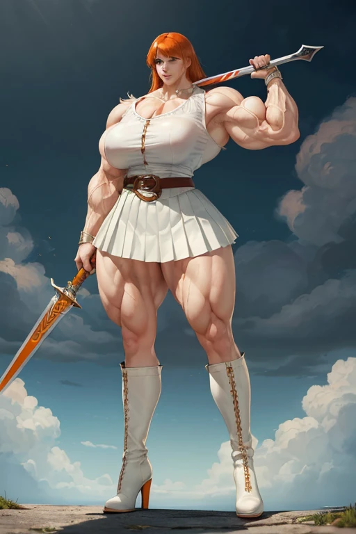 ((((Massive, tall, beautiful, buff, muscular pale white skinned woman with orange hair, ginormous bulky muscles, holding a giant Zweihander and wearing a white half oned down blouse with pleated skirt)))), close view, vascular, massive muscle, massive biceps, hyper muscle shoulders, hyper muscle triceps, (medium length shaggy hair), green eyes, (white high heel boots), smirk, white gauntlets, chained belt, (on a island in heaven), Vascular arms, hyper vascular arm, hyper muscles arms, hyper muscle legs, massive arms.