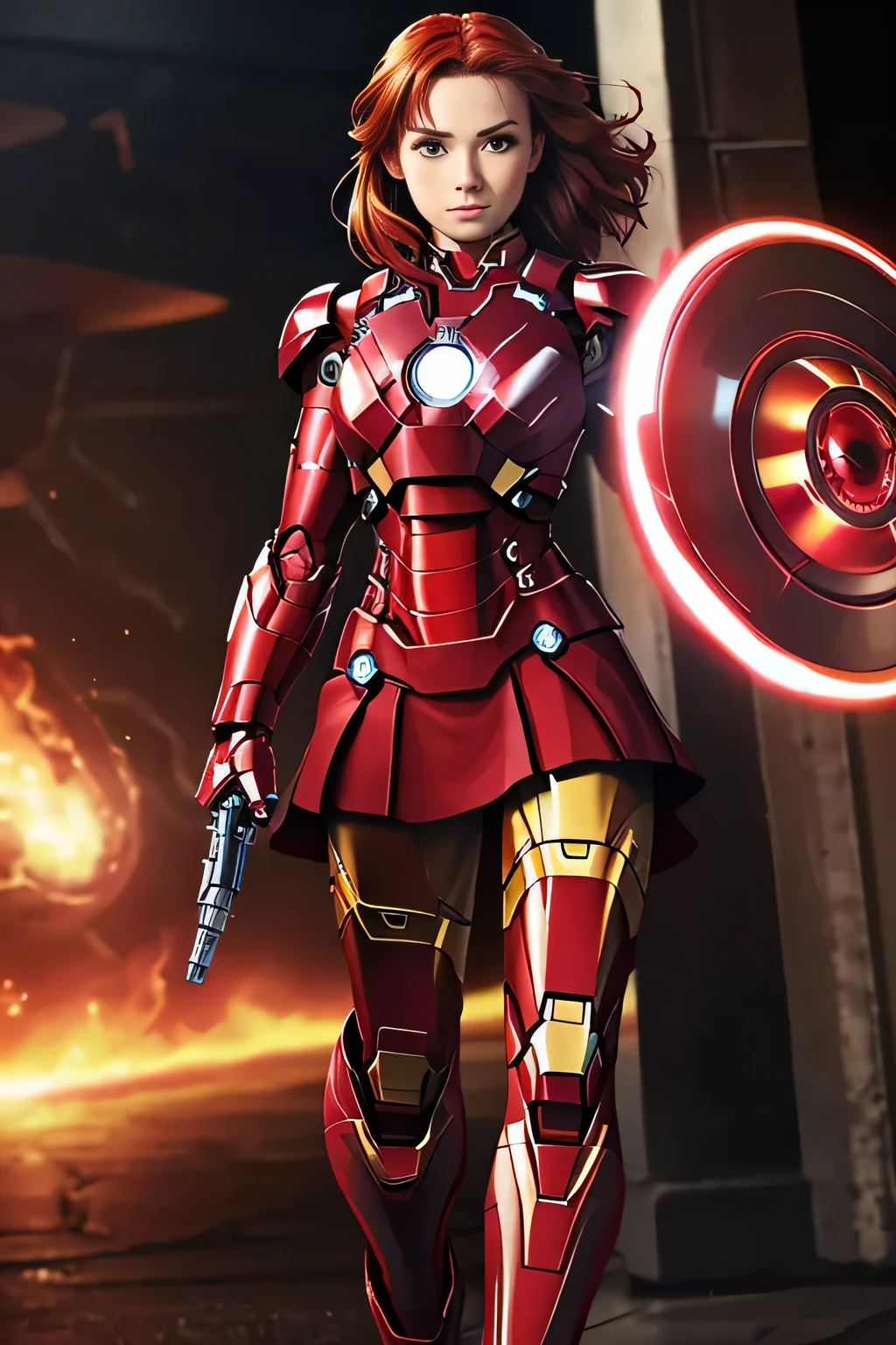 SFW, best quality, ultra high res, ultra detailed face and eyes, (photorealistic:1.4), blurry background, 1 female character, (solo:1.5), (iron man:1.2), from behind, put hands behind back, 16 years old girl, teenage, superhero suit, from beside, (red:gold:white armor), (brown:red hair:1.4), leaning forward, looking at viewer, confident smile, fierce, perfect figure, (long legs:1.2), armored boots, glowing repulsors, powerful stance, badass, flying through the sky.