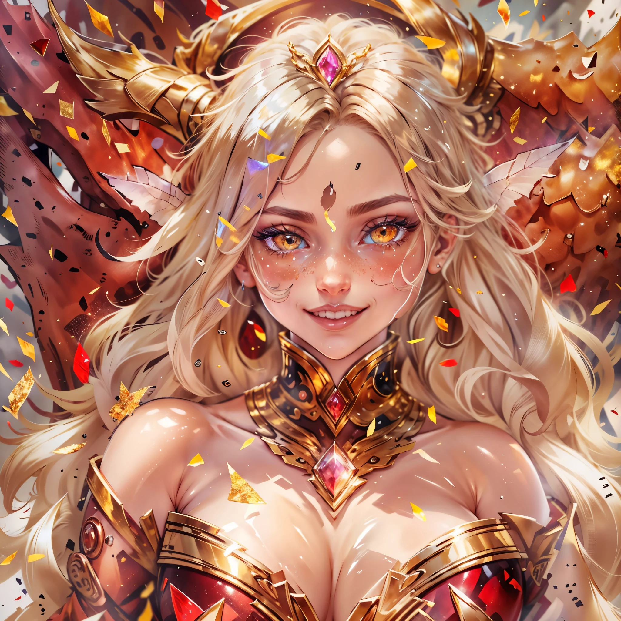 (best quality,4k,8k,highres,masterpiece:1.2), ultra-detailed, realistic, naked sexy dragon woman with red and gold glittering scales, skin is glittering ruby and golden scales, long wavy blonde hair with red highlights, very playful but mischievous smile, huge tits, gigantic breasts, naked, nude, detailed crotch, detailed vulva, sexy pose, playful, bi-coloured eyes, heterochromia, lustful