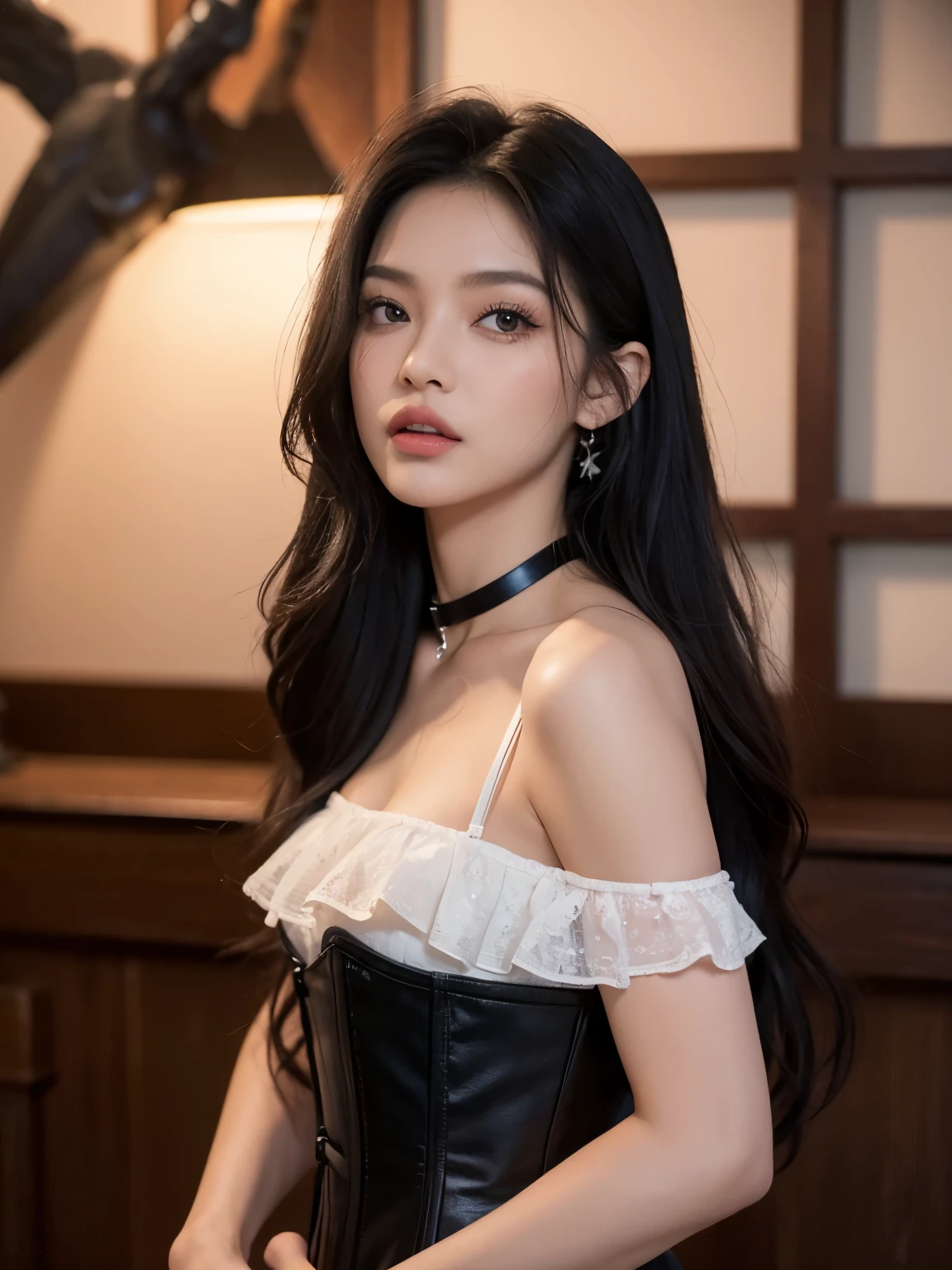 At sunset,(masterpiece, best quality:1.2), Cowboy shooting, ((Original Photography、real、Practical:1.3))Solitary, 1 Girl, Nightclub, nervous, looking at the audience, Long curly hair, Ballet skirt,Cleavage, Long sleeve, Gloves